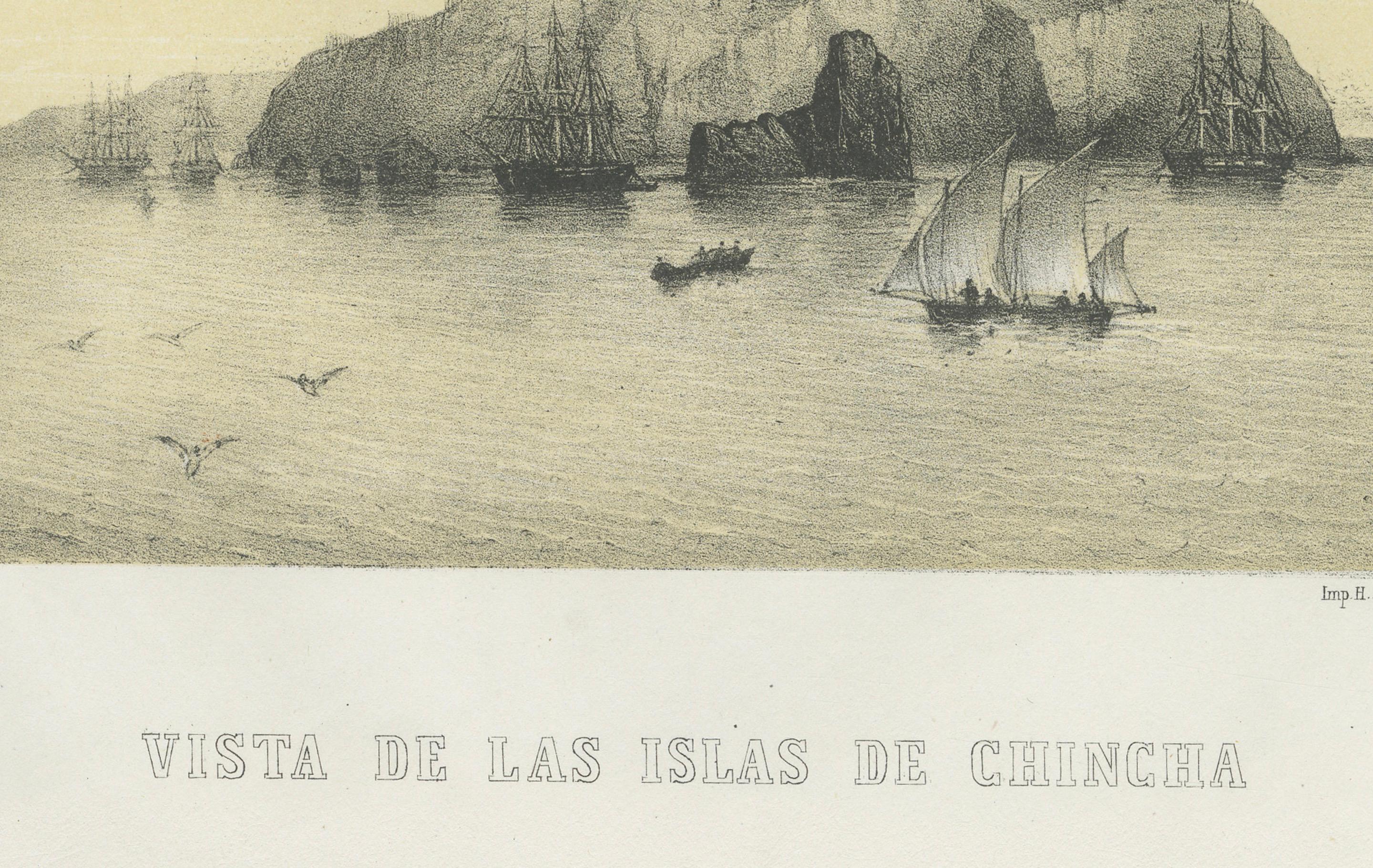 Antique lithograph map and view of the Chincha Islands, Peru – 1865

This lithograph sheet presents both a map (Plano de las Islas de Chincha) and a coastal view (Vista de las Islas de Chincha) of the famed Chincha Islands, located off the southern