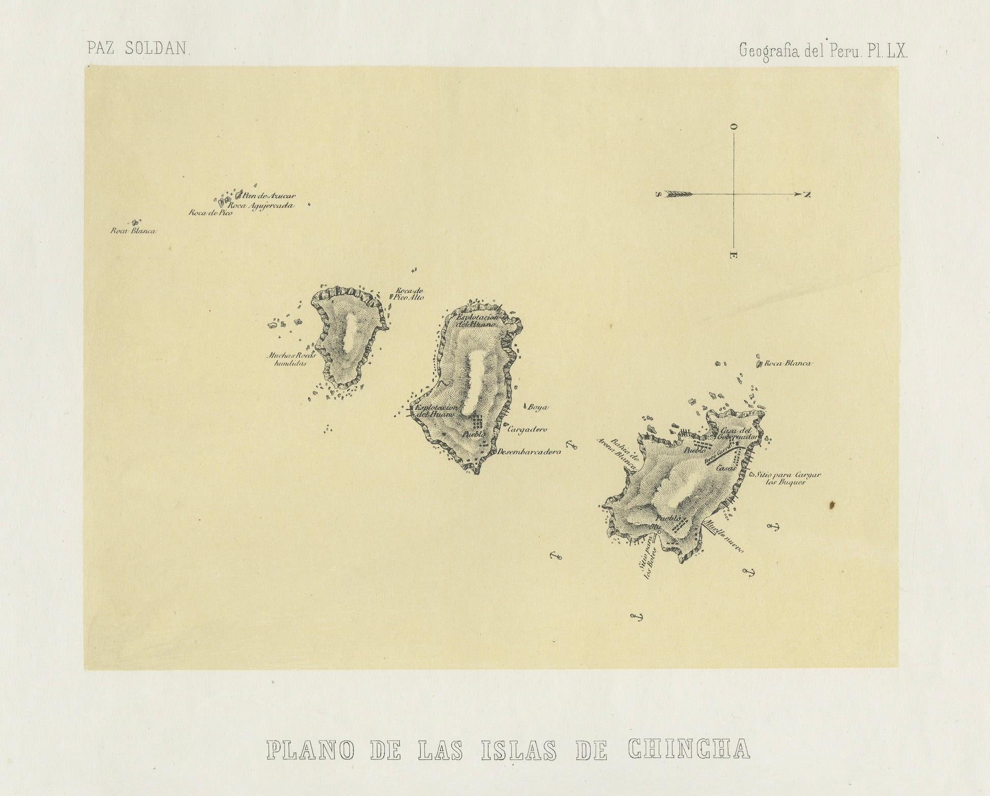 Chincha Islands Antique Lithograph 1865 – Map & Coastal Scene, Peru For Sale 1