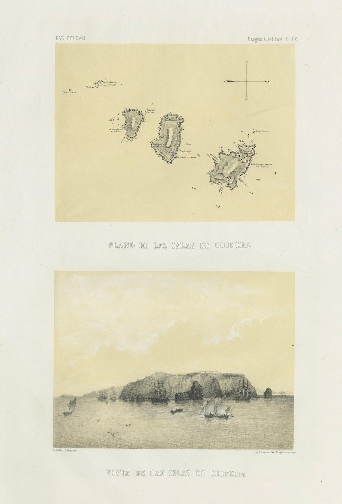 Chincha Islands Antique Lithograph 1865 – Map & Coastal Scene, Peru For Sale 2