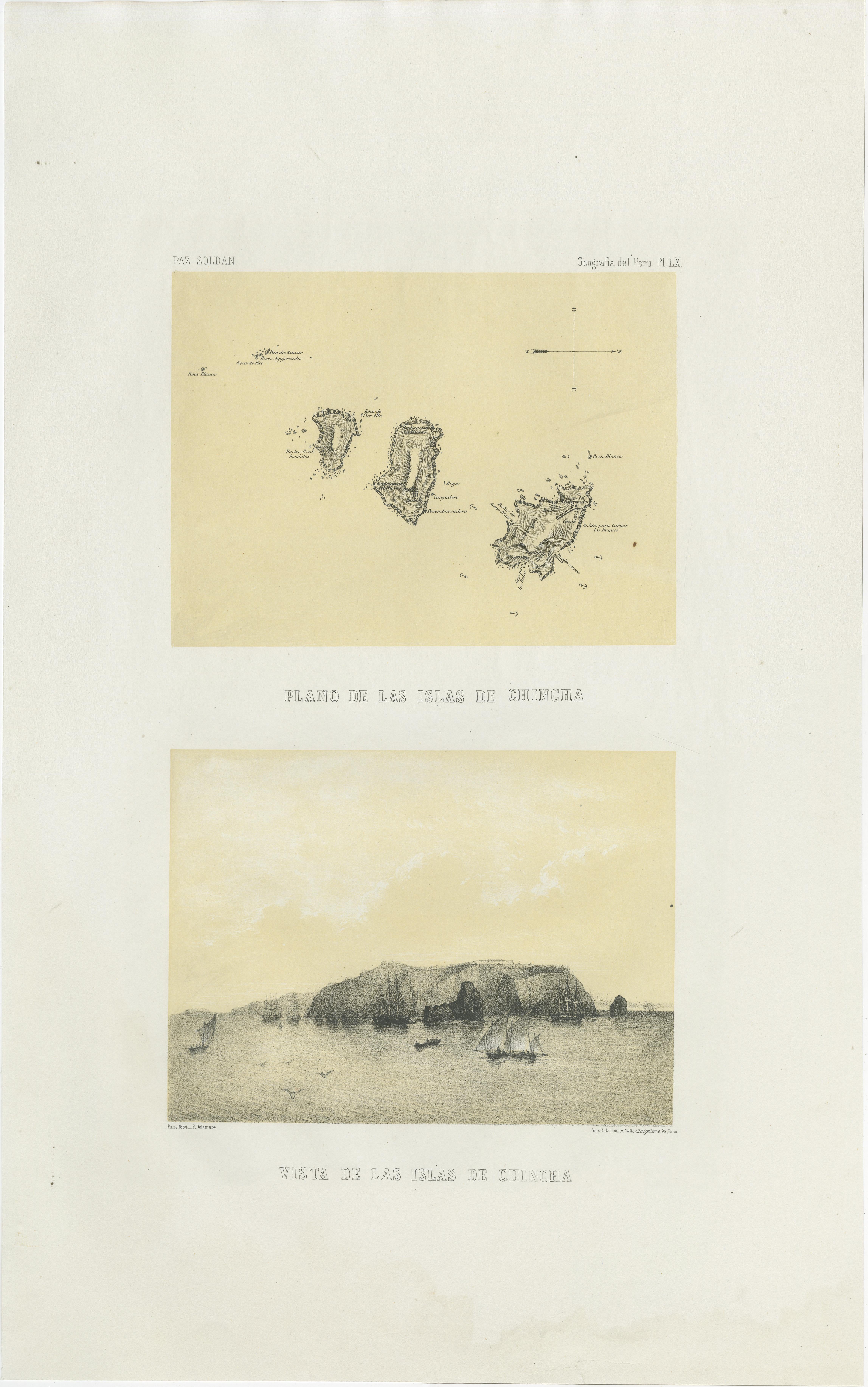 Chincha Islands Antique Lithograph 1865 – Map & Coastal Scene, Peru For Sale 3