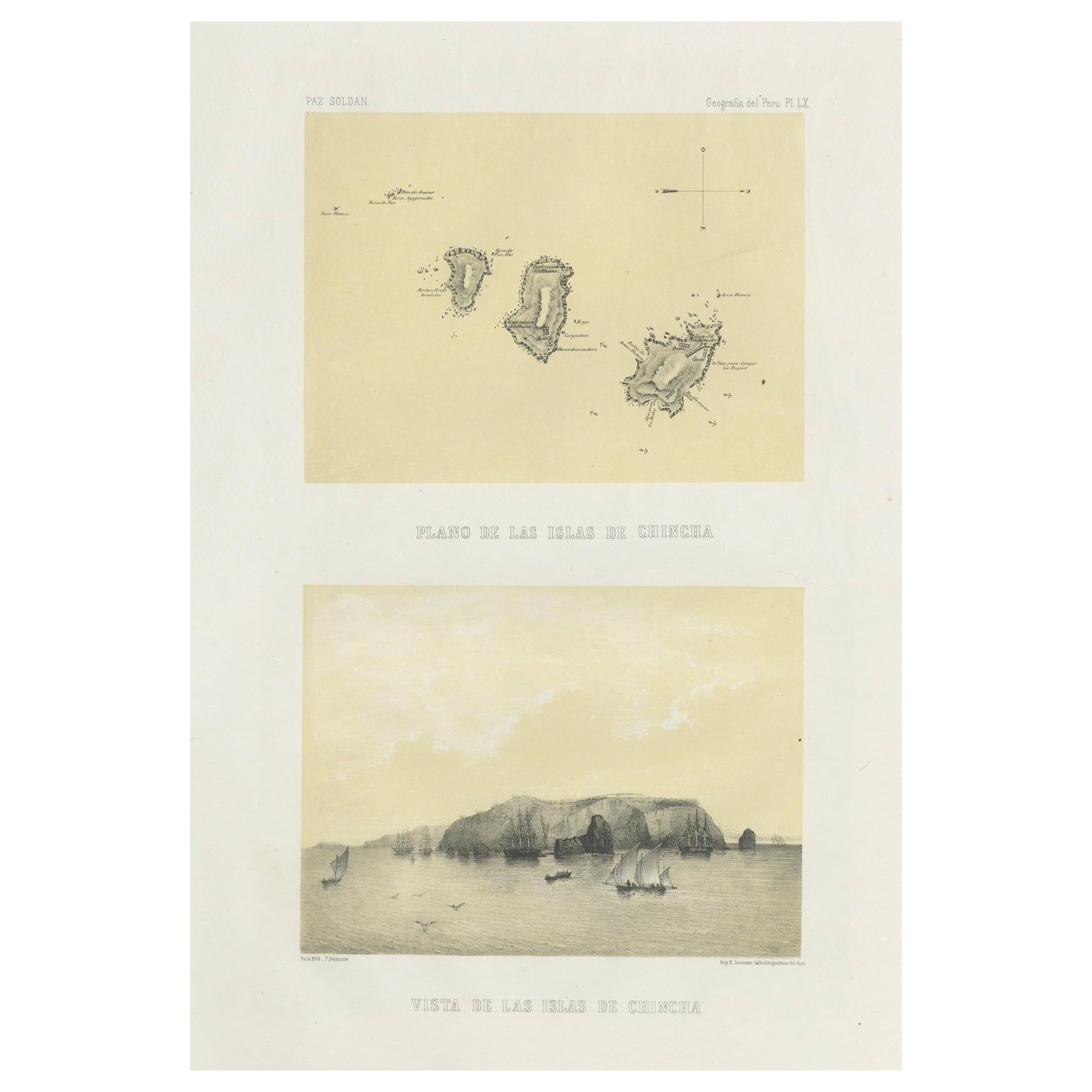 Chincha Islands Antique Lithograph 1865 – Map & Coastal Scene, Peru