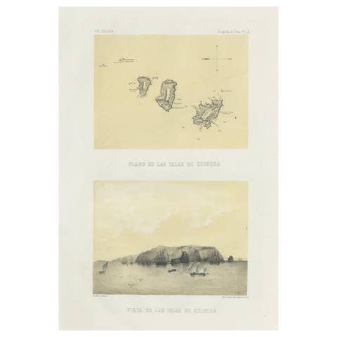 Chincha Islands Antique Lithograph 1865 – Map & Coastal Scene, Peru