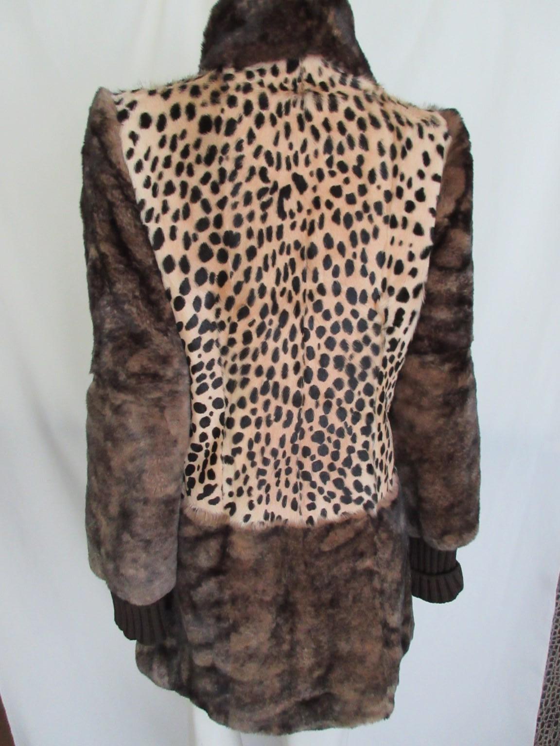 Black Leopard Print Chinchilla Fur Leather Coat  For Sale