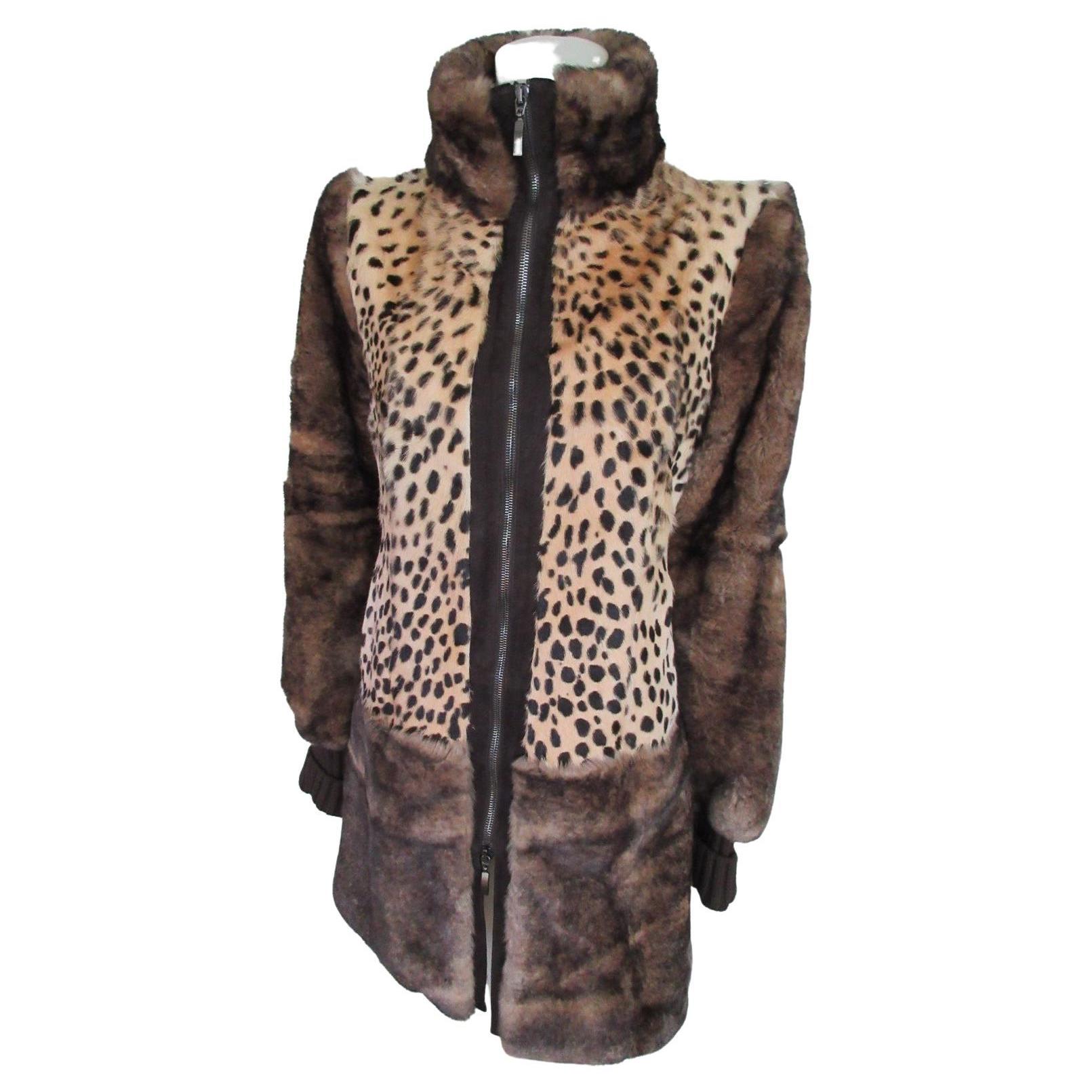 Leopard Print Chinchilla Fur Leather Coat  For Sale