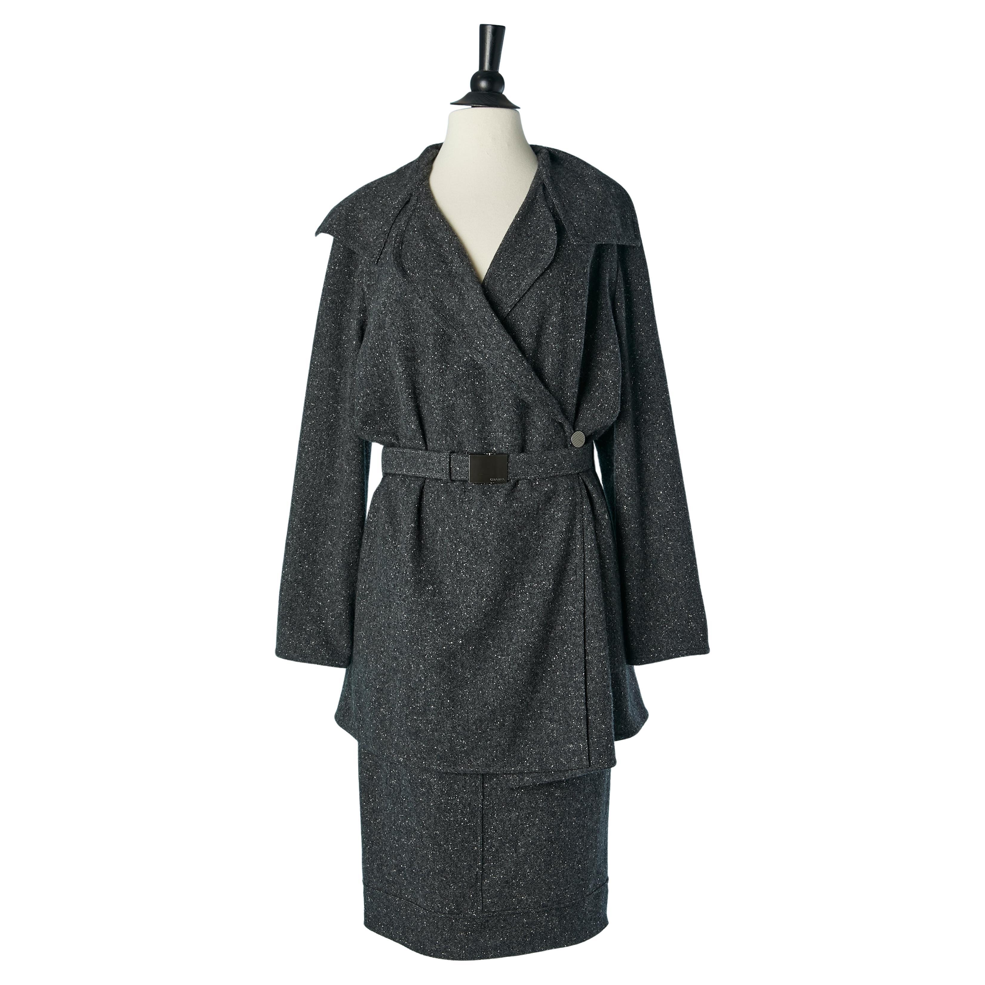 Chiné grey cashmere wrap jacket and skirt ensemble CHANEL For Sale