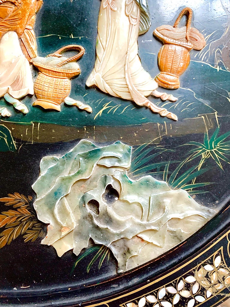 Chineese Black Lacquer Coffee Table Encrusted with Hard Stone For Sale ...
