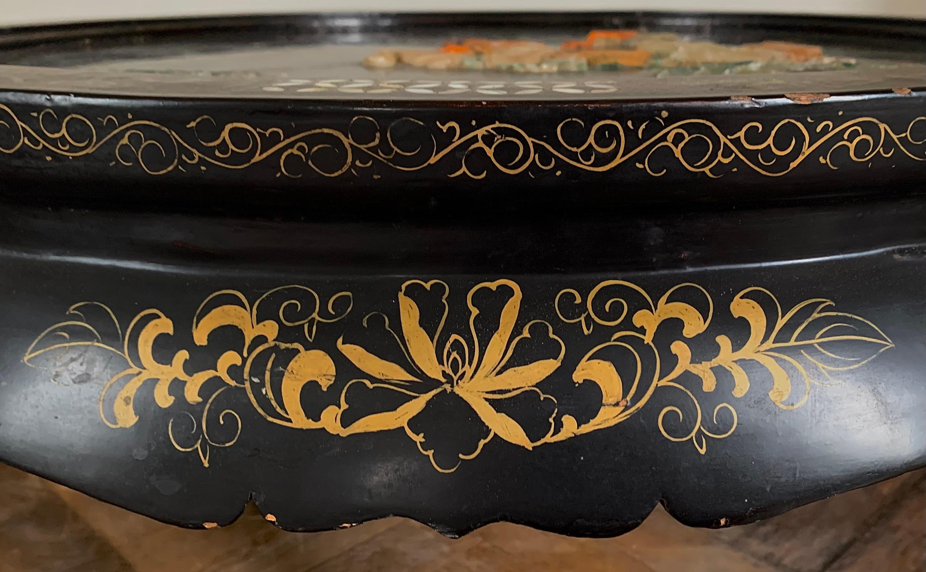 Chinoiserie Chineese Black Lacquer Coffee Table Encrusted with Hard Stone For Sale