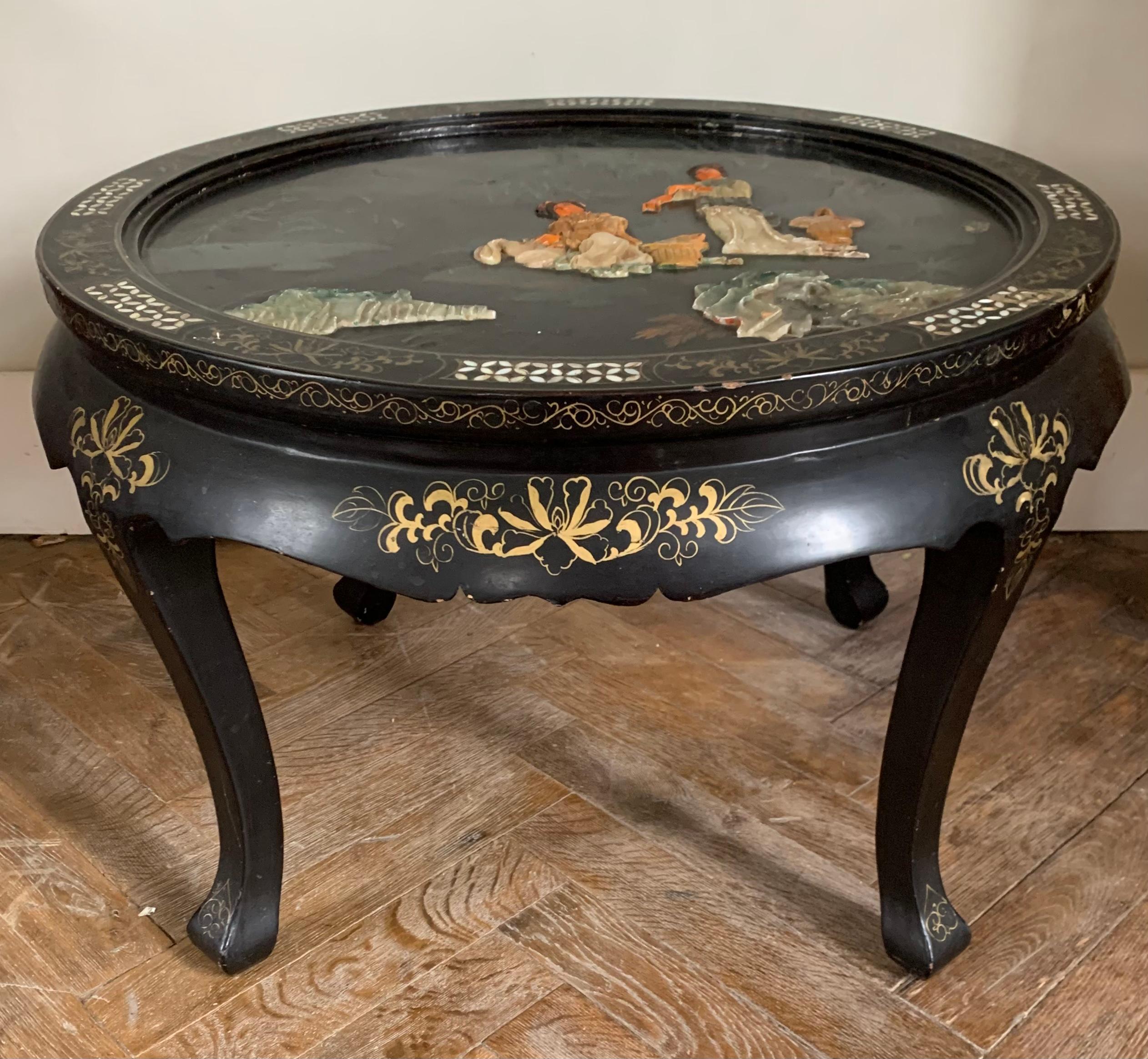 Chinese Chineese Black Lacquer Coffee Table Encrusted with Hard Stone For Sale