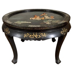 Chineese Black Lacquer Coffee Table Encrusted with Hard Stone