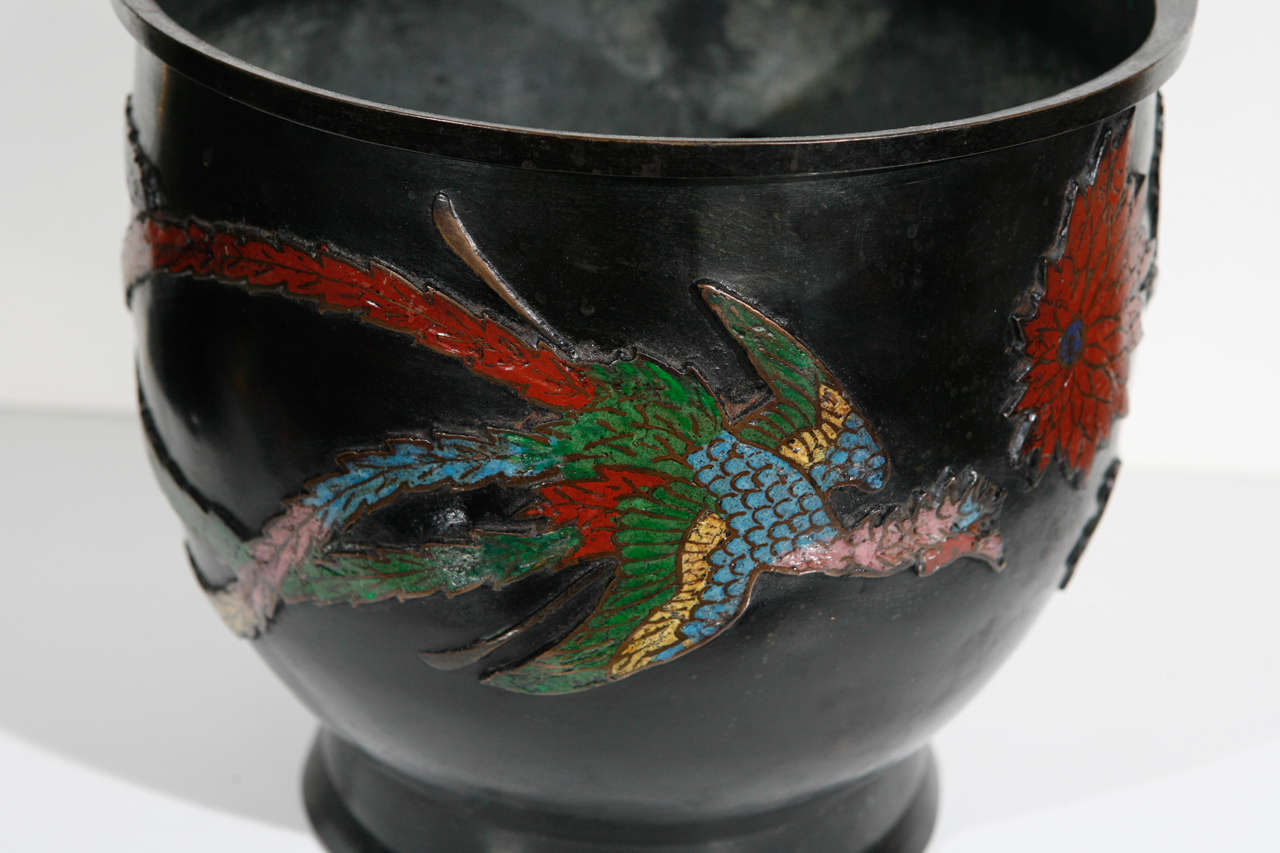 20th Century Chineile Champleve Bronze Hibachi, Decorated with inlay Dragons and Flowers  For Sale
