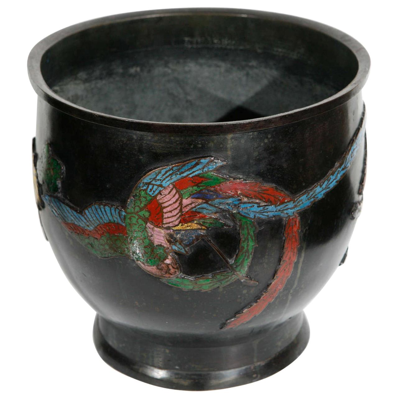 Chineile Champleve Bronze Hibachi, mit Intarsien, Drachen und Blumen, dekoriert  im Angebot