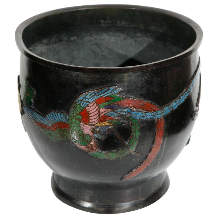 Chineile Champleve Bronze Hibachi, Decorated with inlay Dragons and Flowers  For Sale