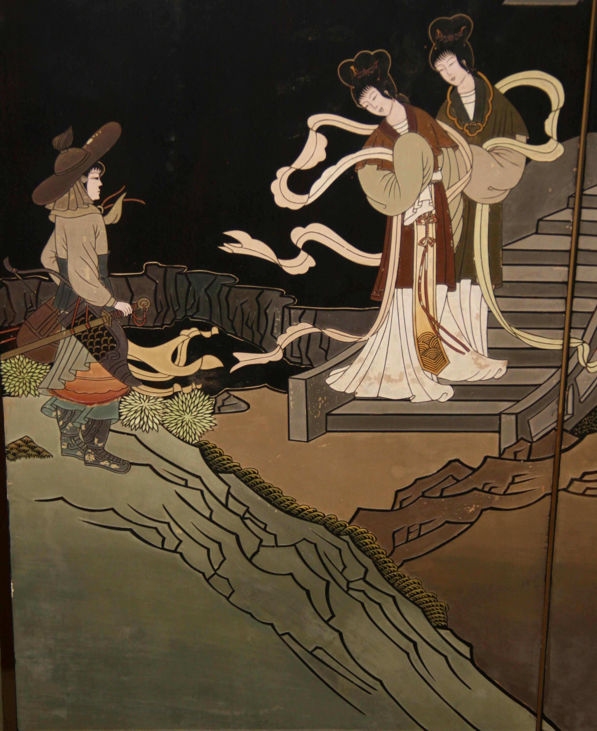 Chinois  Écran à quatre panneaux de la pièce Devider Landscape Scene de Coromandel en vente 4