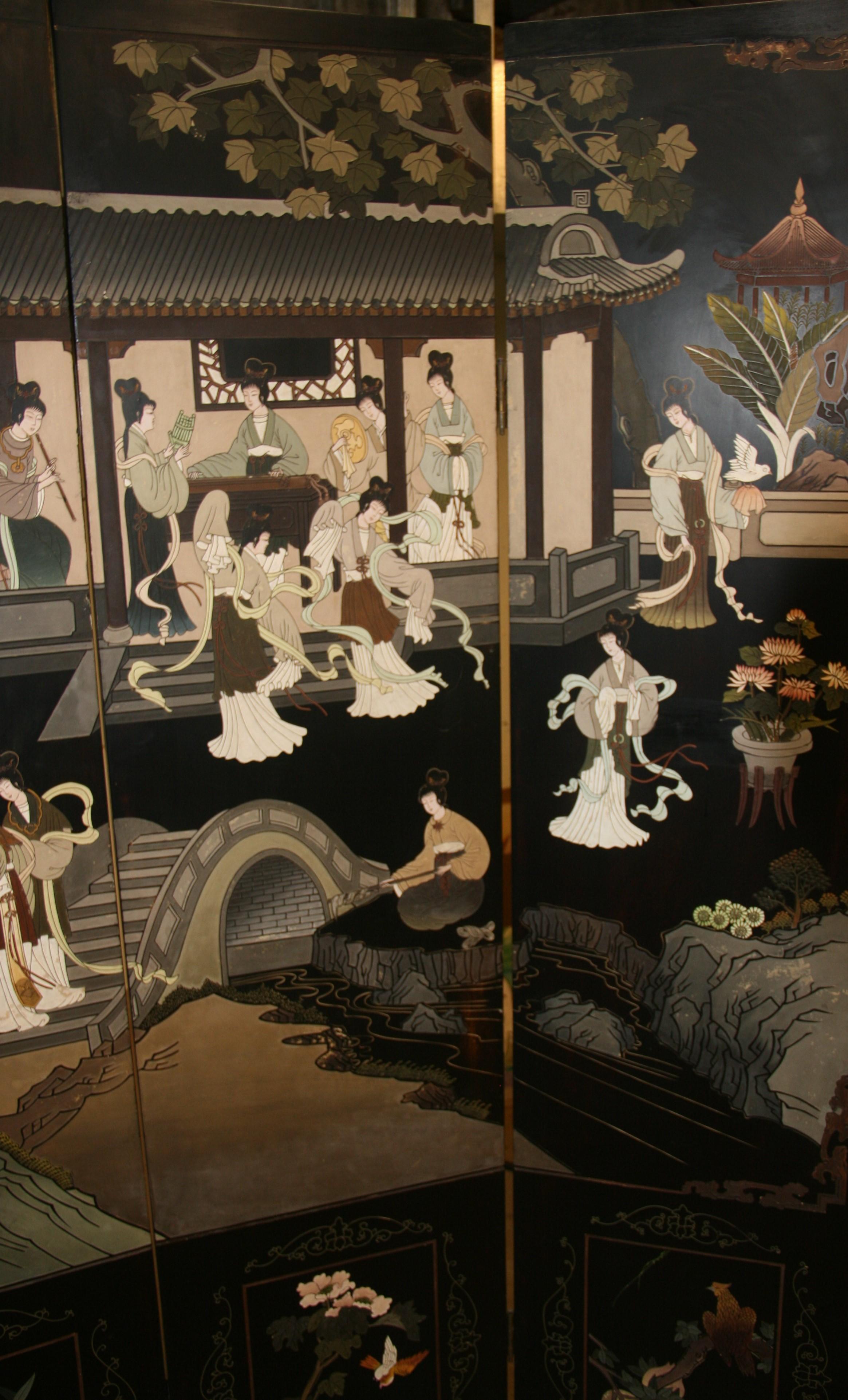 Chinois  Écran à quatre panneaux de la pièce Devider Landscape Scene de Coromandel en vente 6