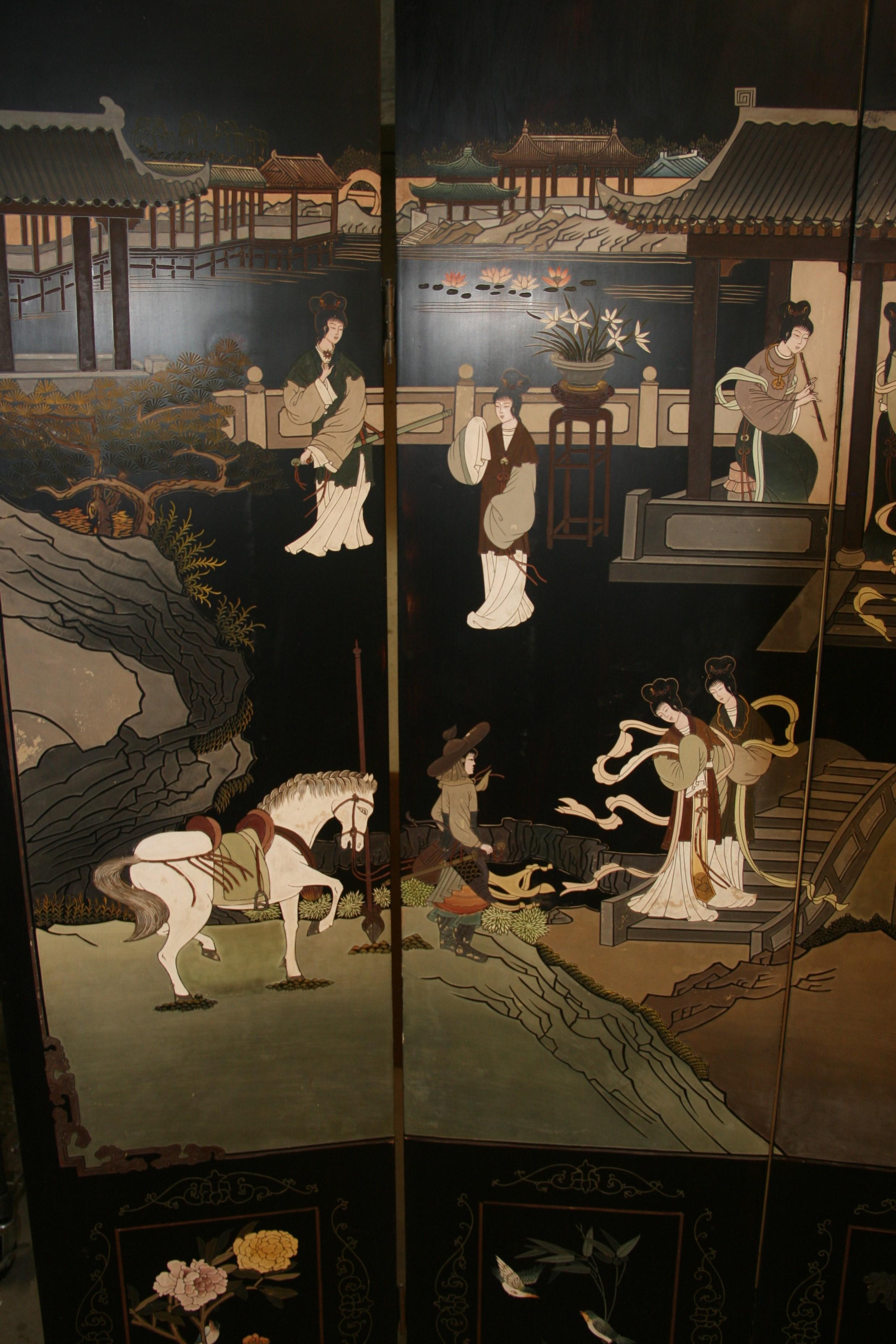 Chinois  Écran à quatre panneaux de la pièce Devider Landscape Scene de Coromandel en vente 7