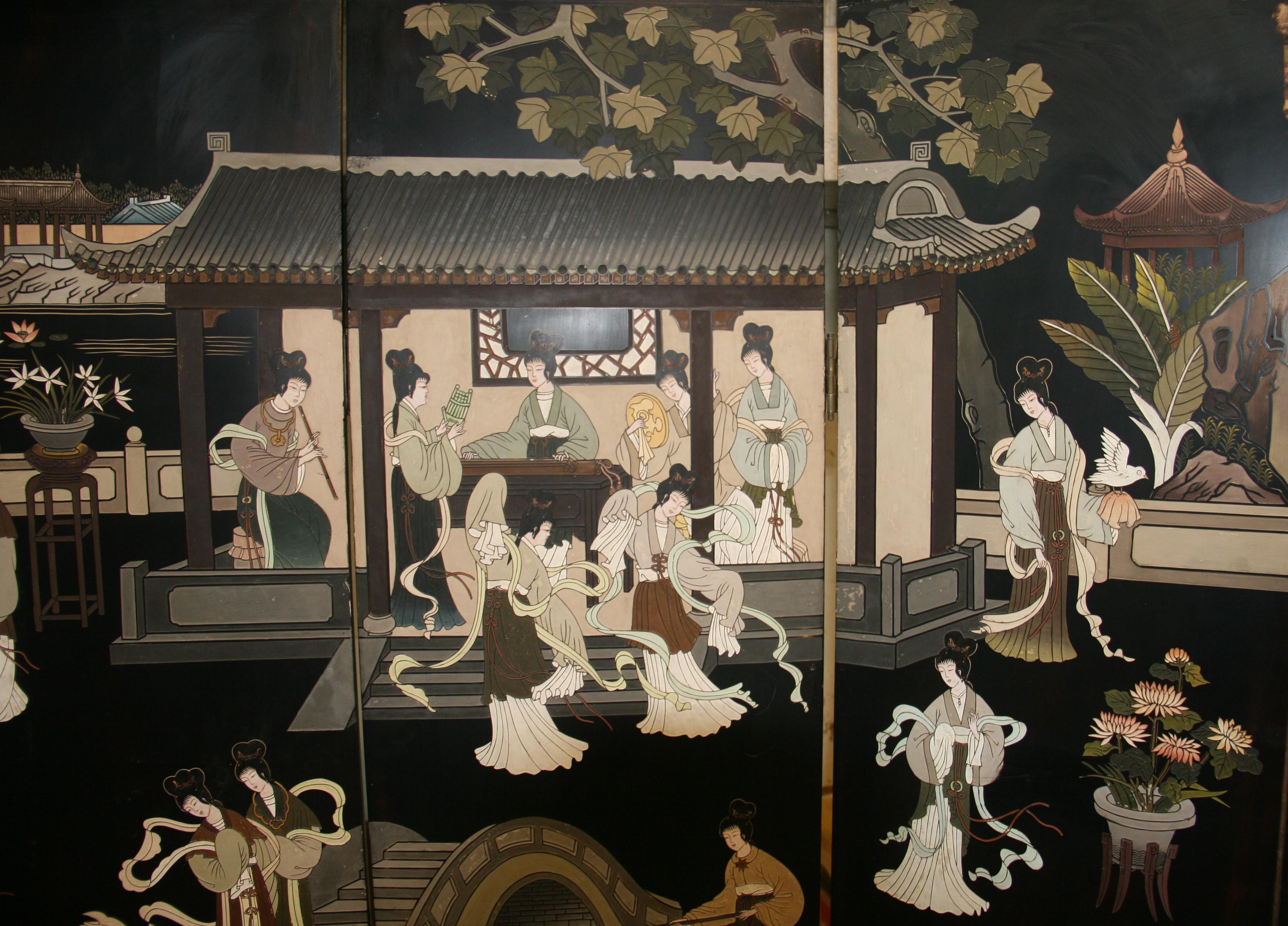 Chinois  Écran à quatre panneaux de la pièce Devider Landscape Scene de Coromandel en vente 9