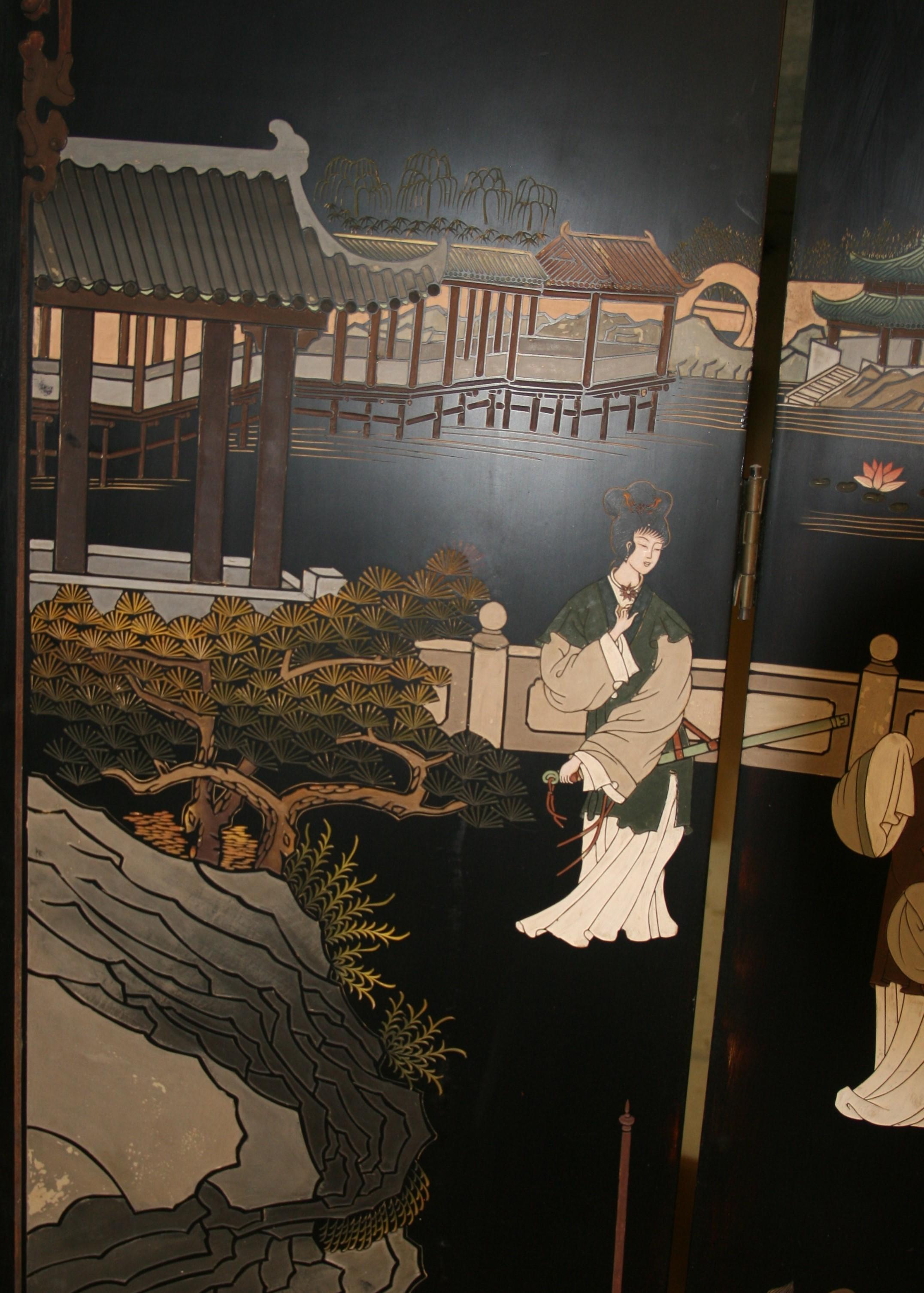 Chinois  Écran à quatre panneaux de la pièce Devider Landscape Scene de Coromandel en vente 11