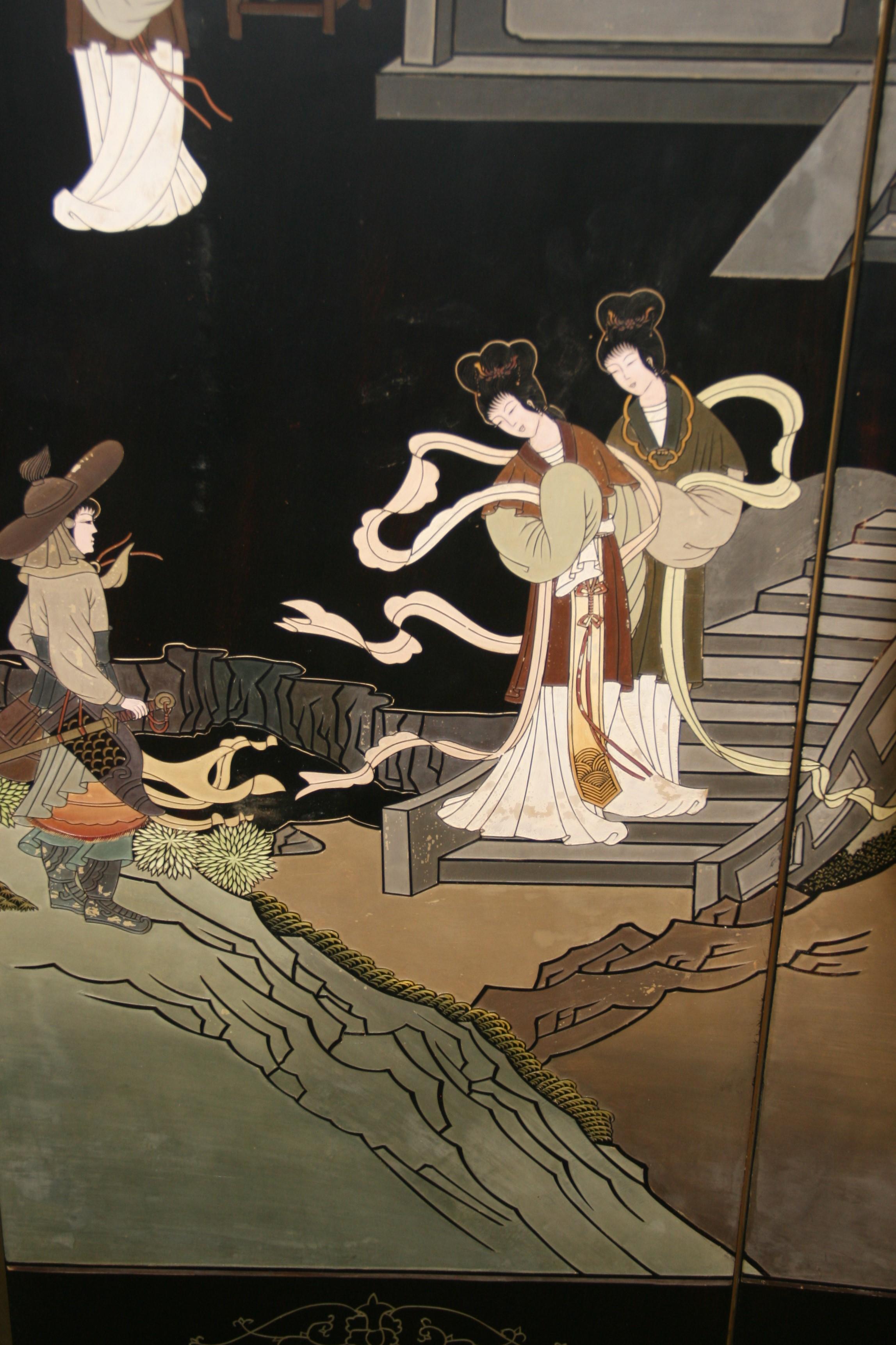 Chinois  Écran à quatre panneaux de la pièce Devider Landscape Scene de Coromandel en vente 12