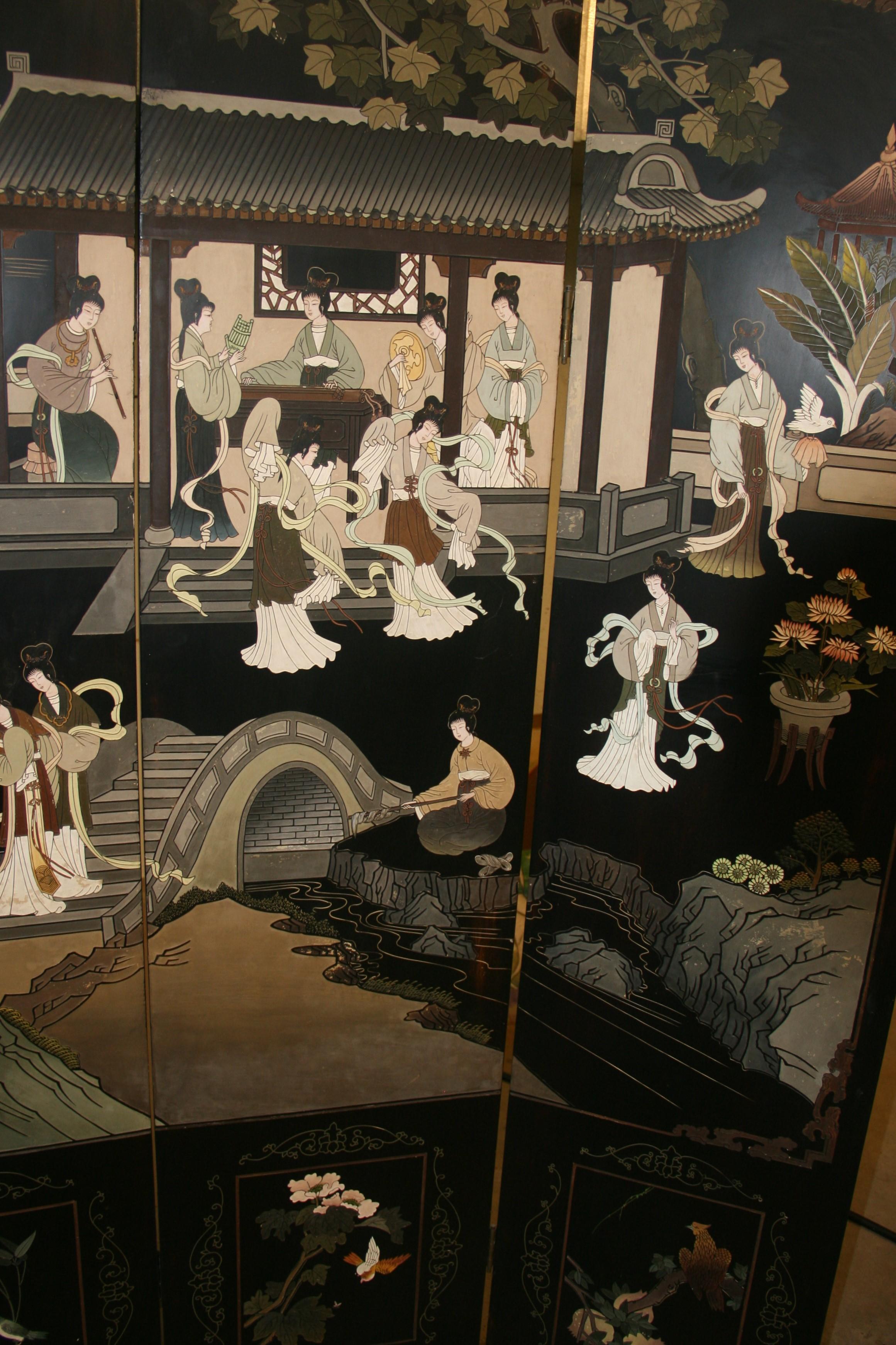 Peint à la main Chinois  Écran à quatre panneaux de la pièce Devider Landscape Scene de Coromandel en vente