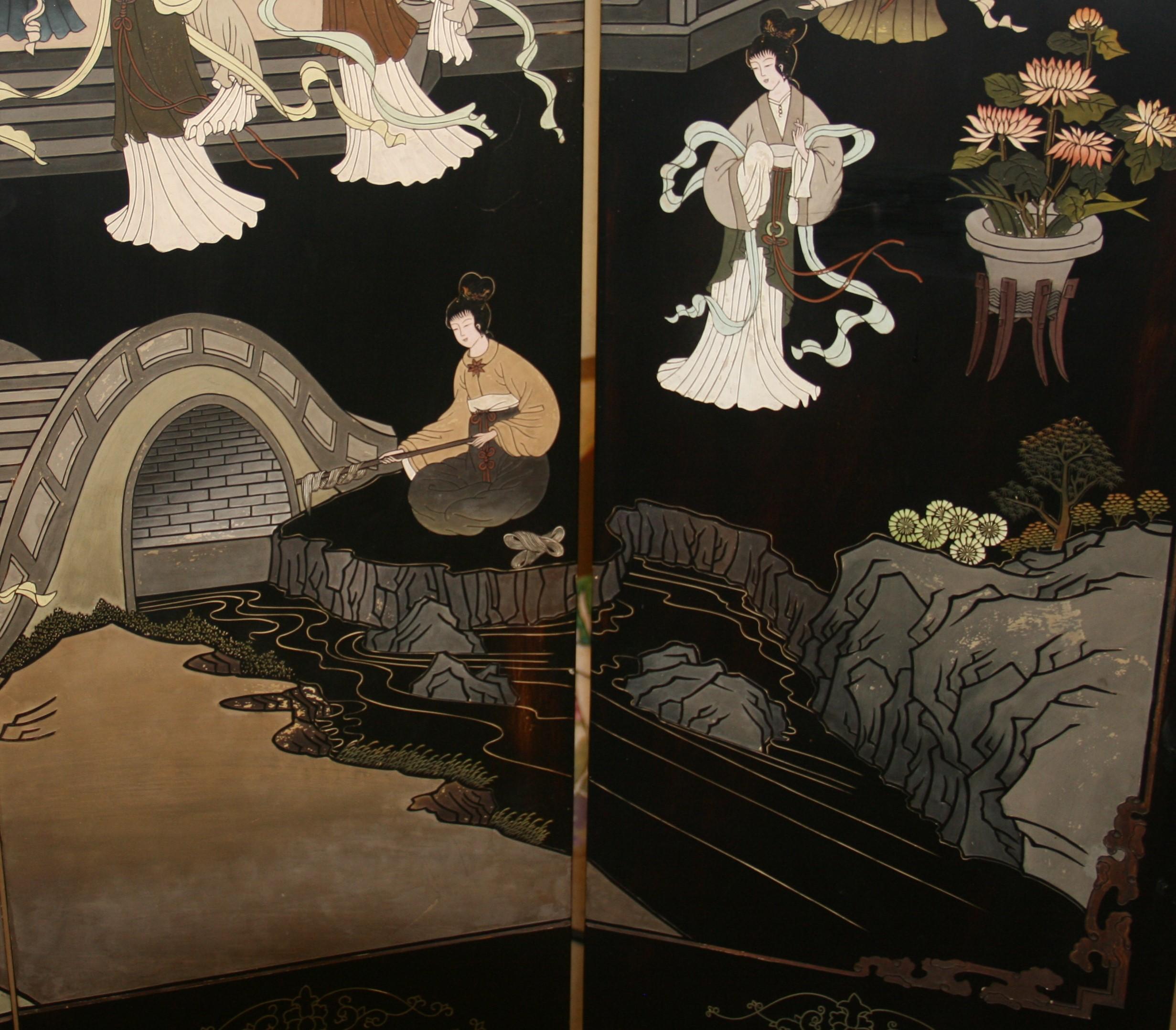 Milieu du XXe siècle Chinois  Écran à quatre panneaux de la pièce Devider Landscape Scene de Coromandel en vente