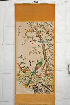 Chinese 100 Bird with Phoenix Hand-Painted Hanging Scroll