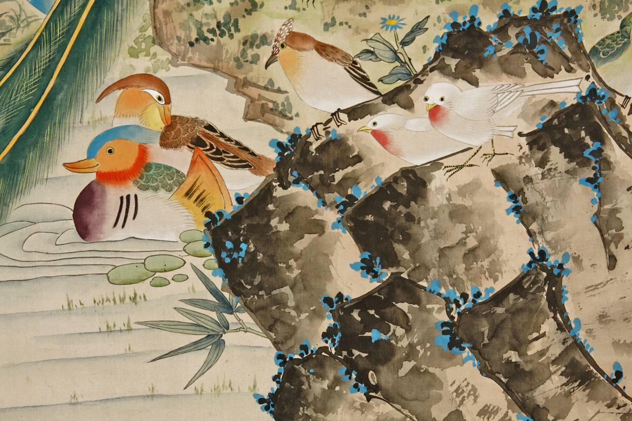 Qing Chinese 100 Bird with Phoenix Hand-Painted Hanging Scroll