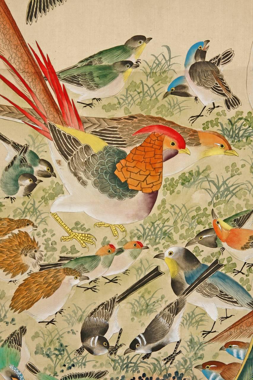 Chinese 100 Bird with Phoenix Hand-Painted Hanging Scroll In Good Condition In Rio Vista, CA