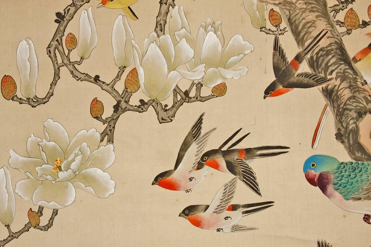20th Century Chinese 100 Bird with Phoenix Hand-Painted Hanging Scroll