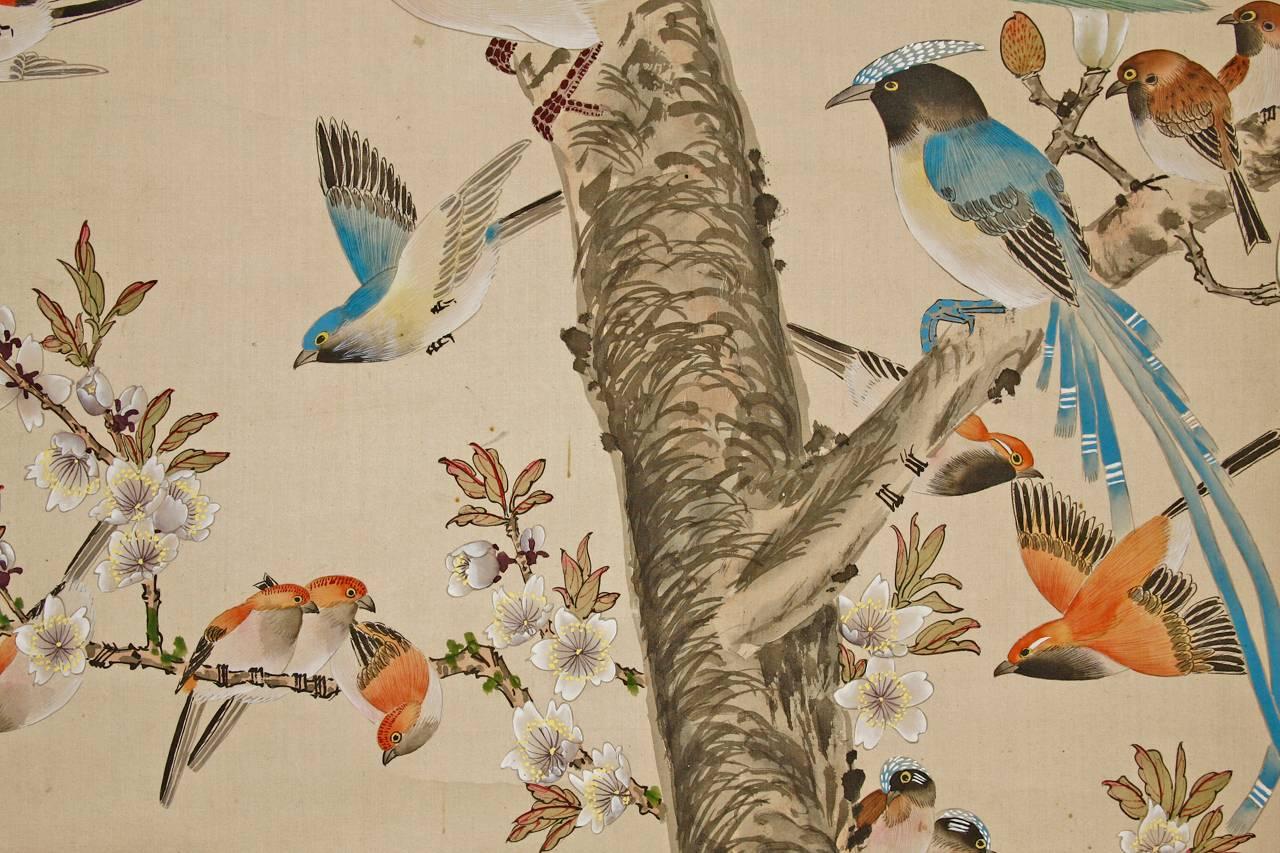 Silk Chinese 100 Bird with Phoenix Hand-Painted Hanging Scroll
