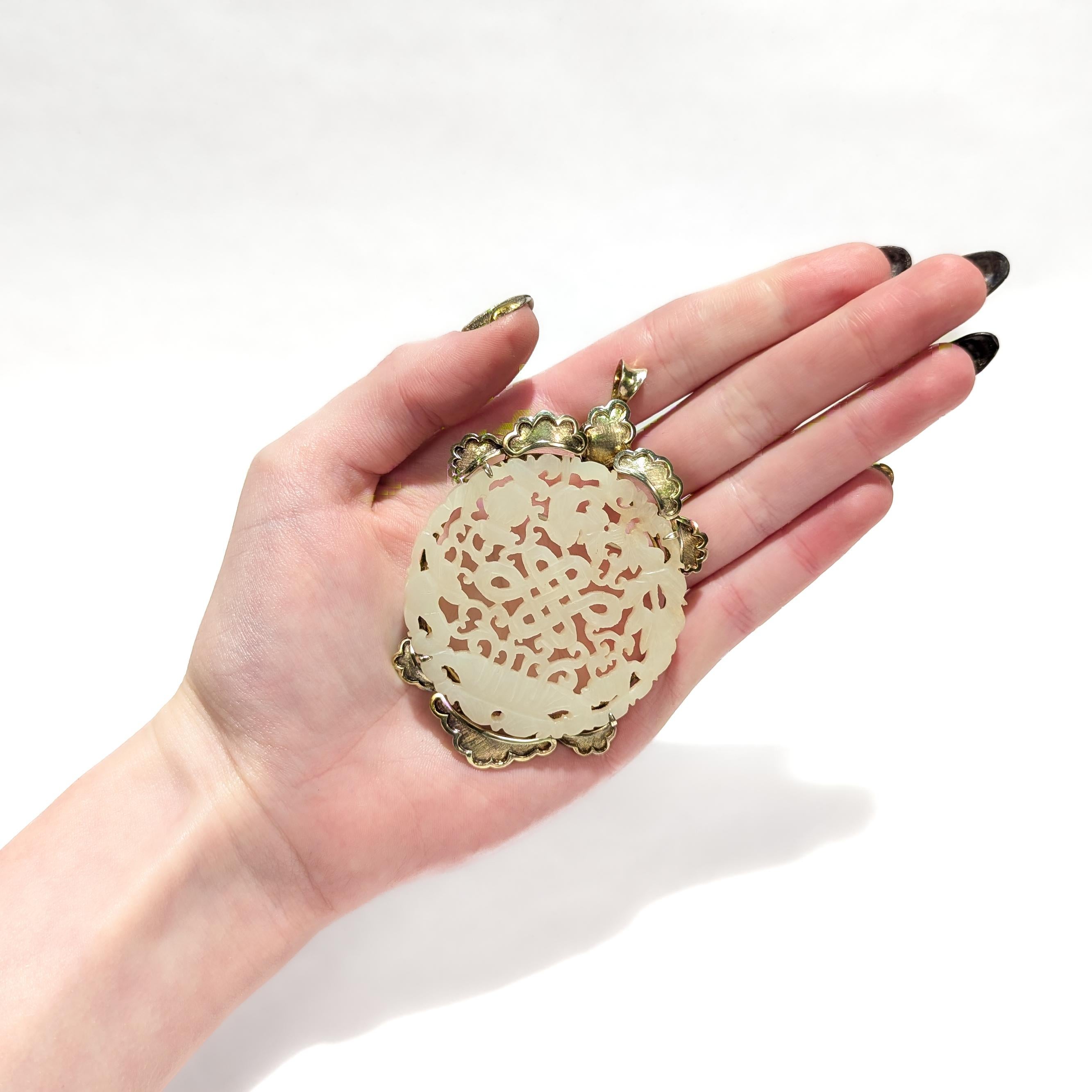 Round Cut Chinese 14k Gold and Carved Jade Convertible Necklace Pendant / Brooch