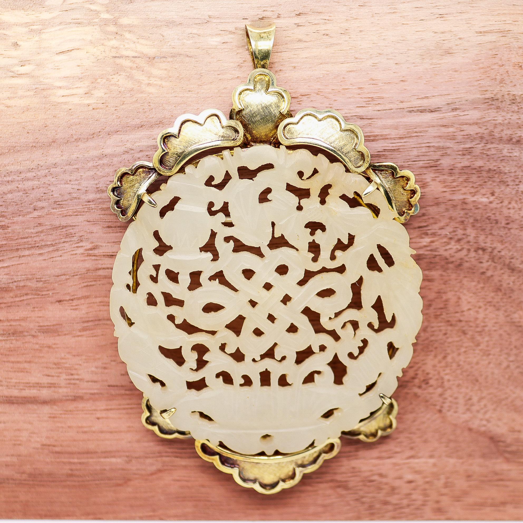 Women's or Men's Chinese 14k Gold and Carved Jade Convertible Necklace Pendant / Brooch