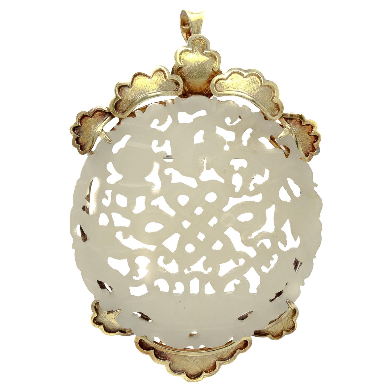 Chinese 14k Gold and Carved Jade Convertible Necklace Pendant / Brooch