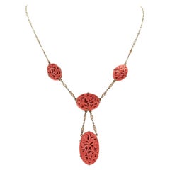 Chinese 14k Gold & Coral Medallion Pendant Necklace