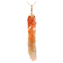 Chinese 14k Gold, Diamond, and Two-Colored Carved Jade Pendant for a Necklace