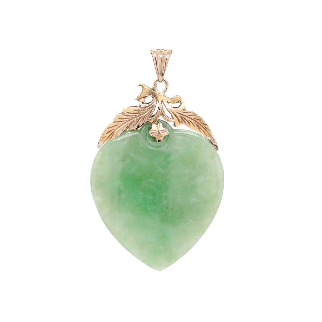 Uncut Chinese 14K Gold & Green Jade Pendant for a Necklace For Sale
