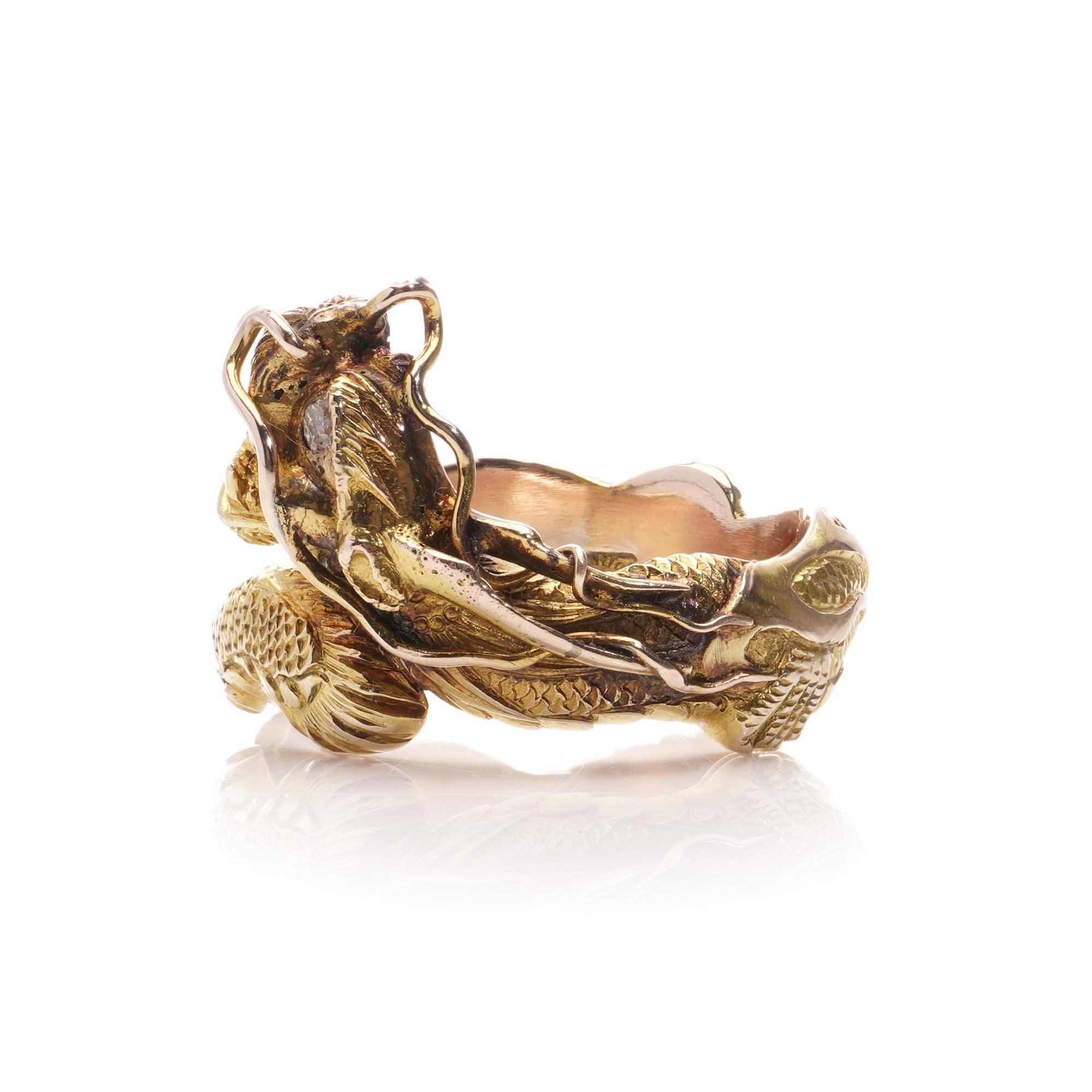 Brilliant Cut Chinese 14kt. gold large men's dragon ring set with diamond and pearl  For Sale