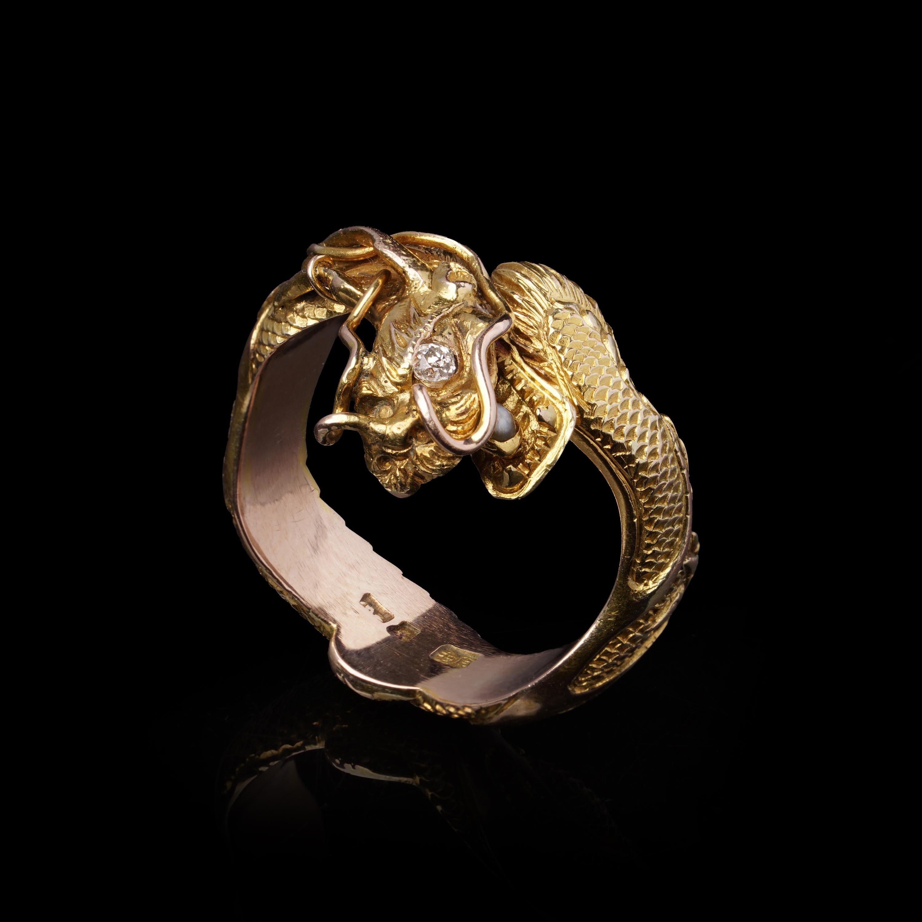 Brilliant Cut Chinese 14kt. gold large men's dragon ring set with diamond and pearl For Sale