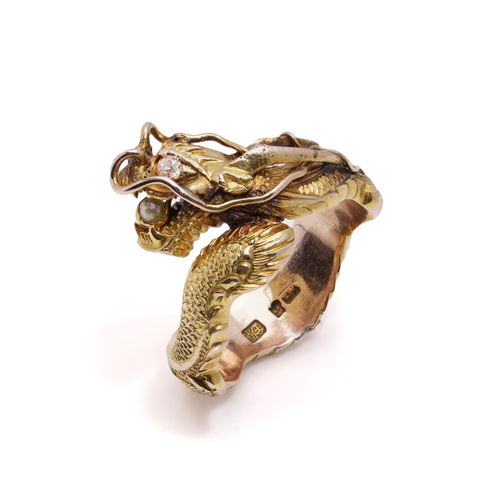 Women's Chinese 14kt. gold large men's dragon ring set with diamond and pearl  For Sale