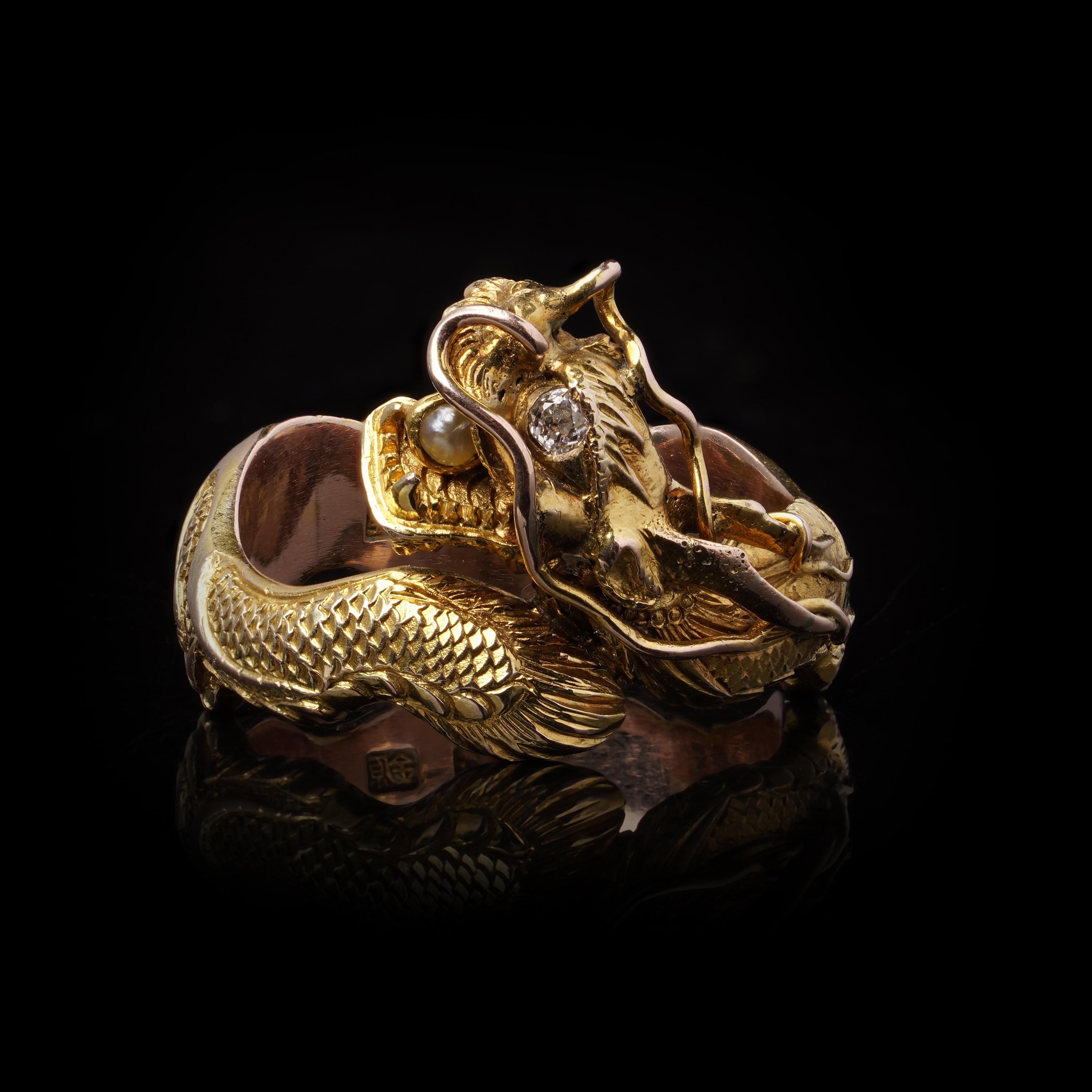 Women's Chinese 14kt. gold large men's dragon ring set with diamond and pearl For Sale