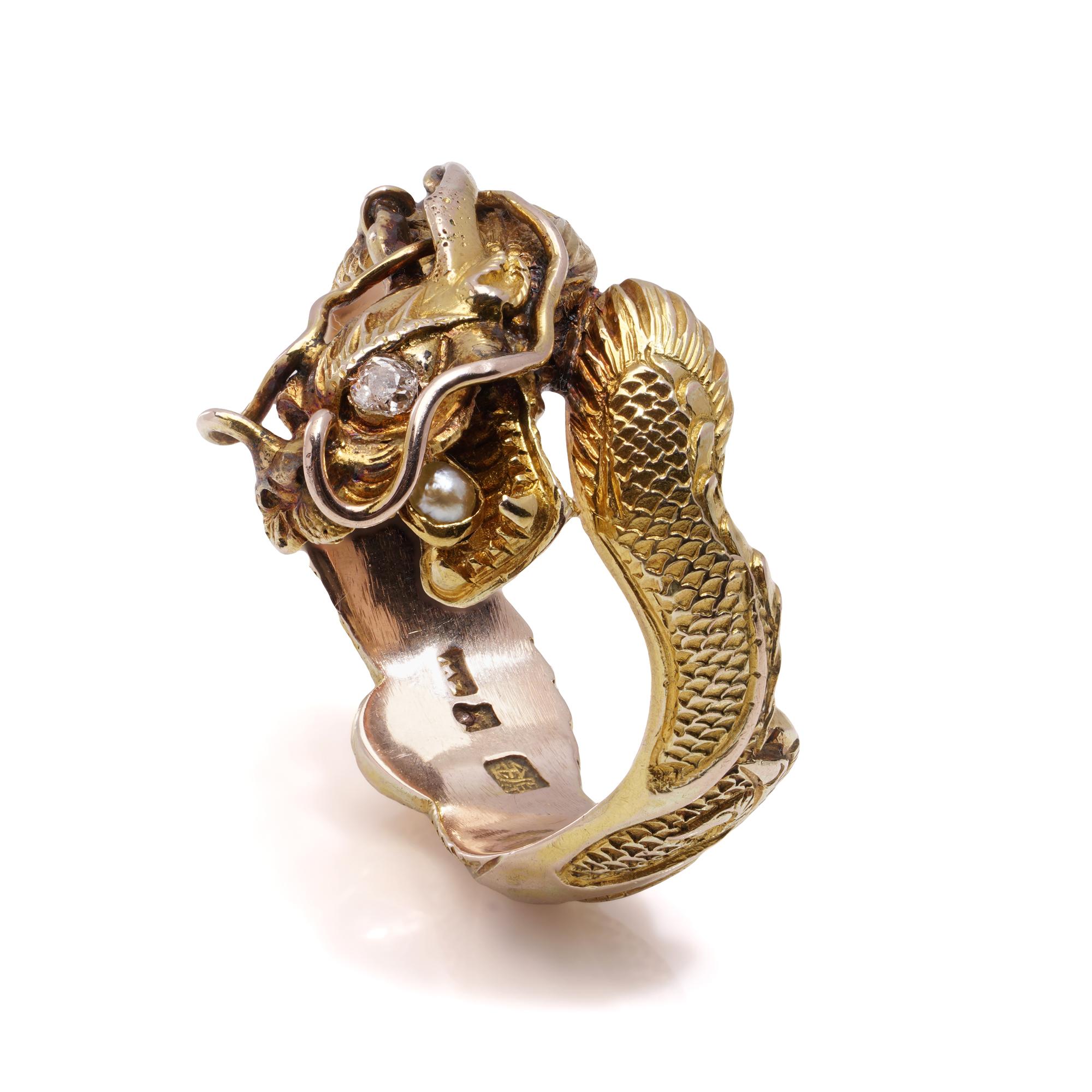 Chinese 14kt. gold large men's dragon ring set with diamond and pearl  For Sale 1