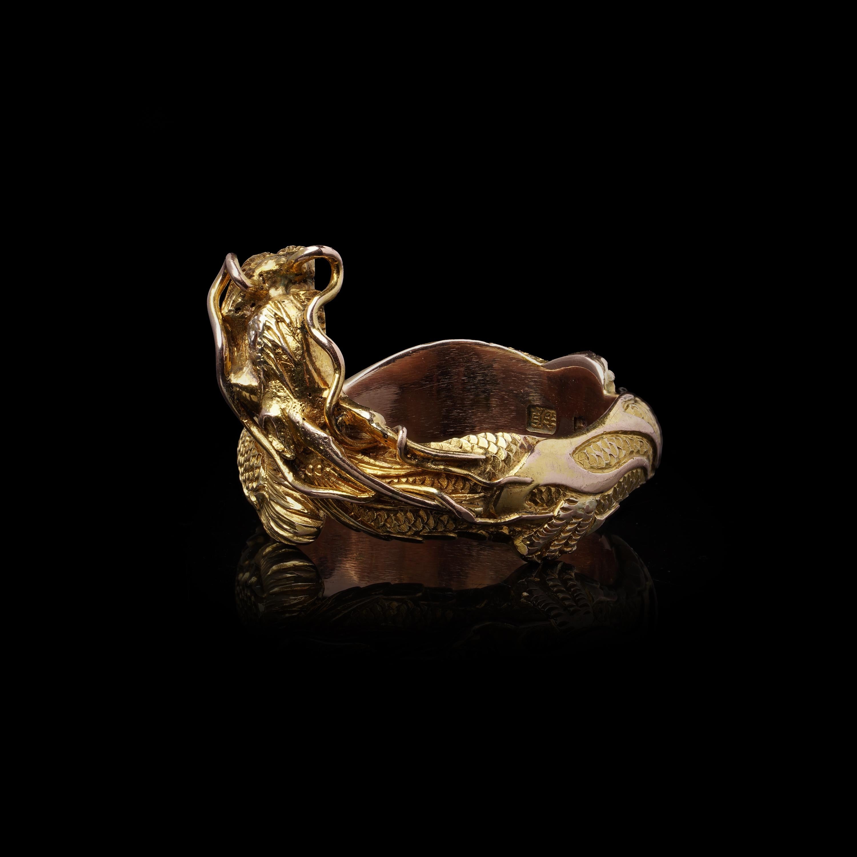 Chinese 14kt. gold large men's dragon ring set with diamond and pearl For Sale 1
