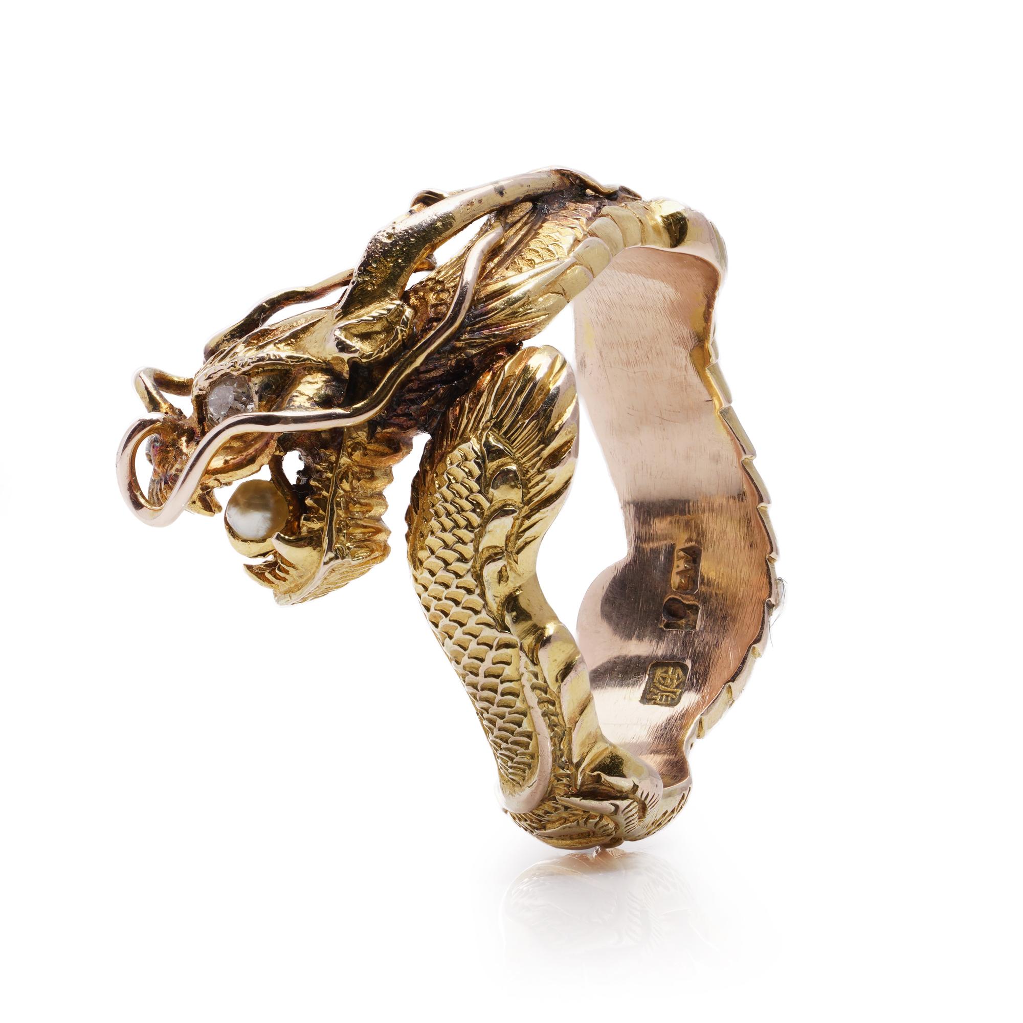Chinese 14kt. gold large men's dragon ring set with diamond and pearl  For Sale 2