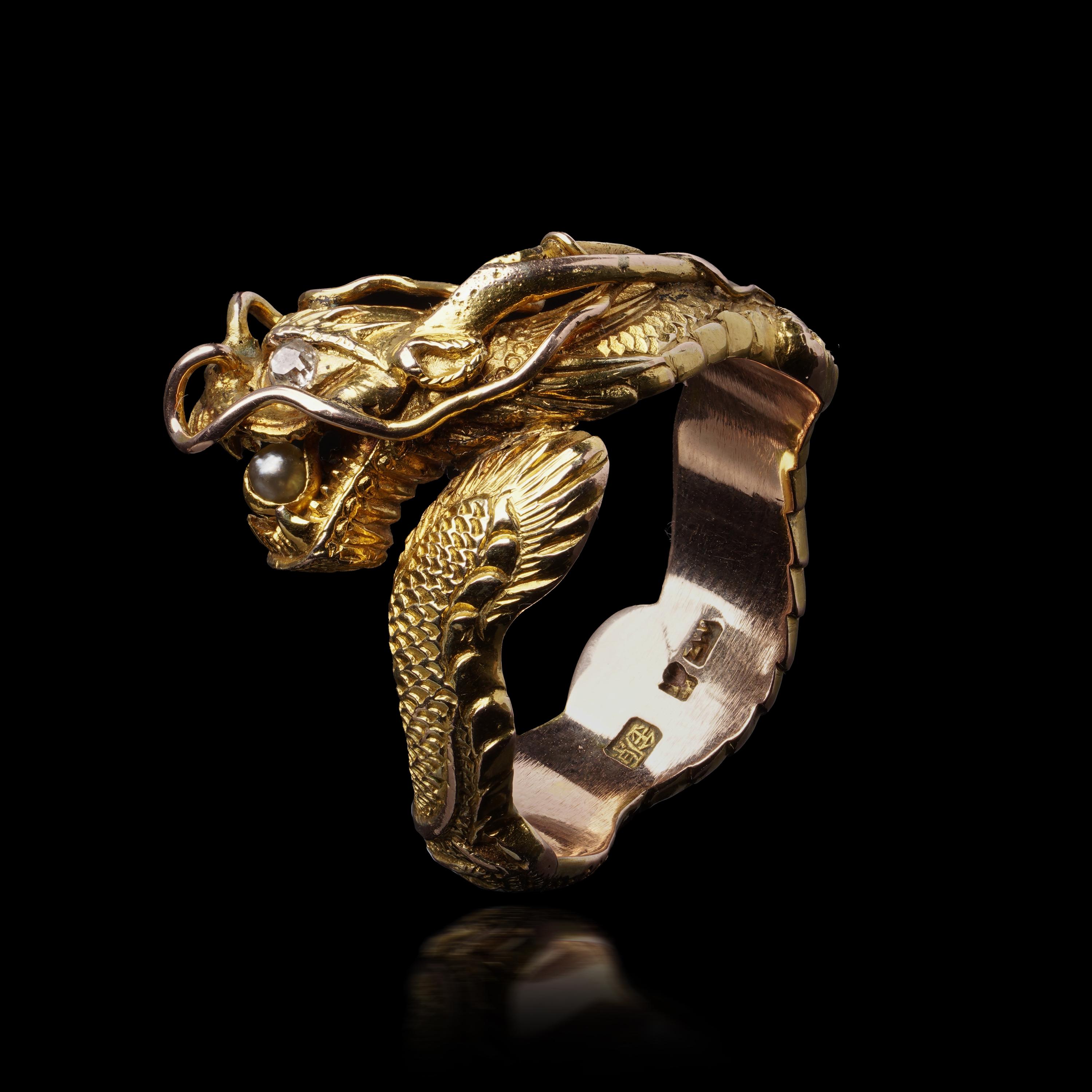 Chinese 14kt. gold large men's dragon ring set with diamond and pearl For Sale 2