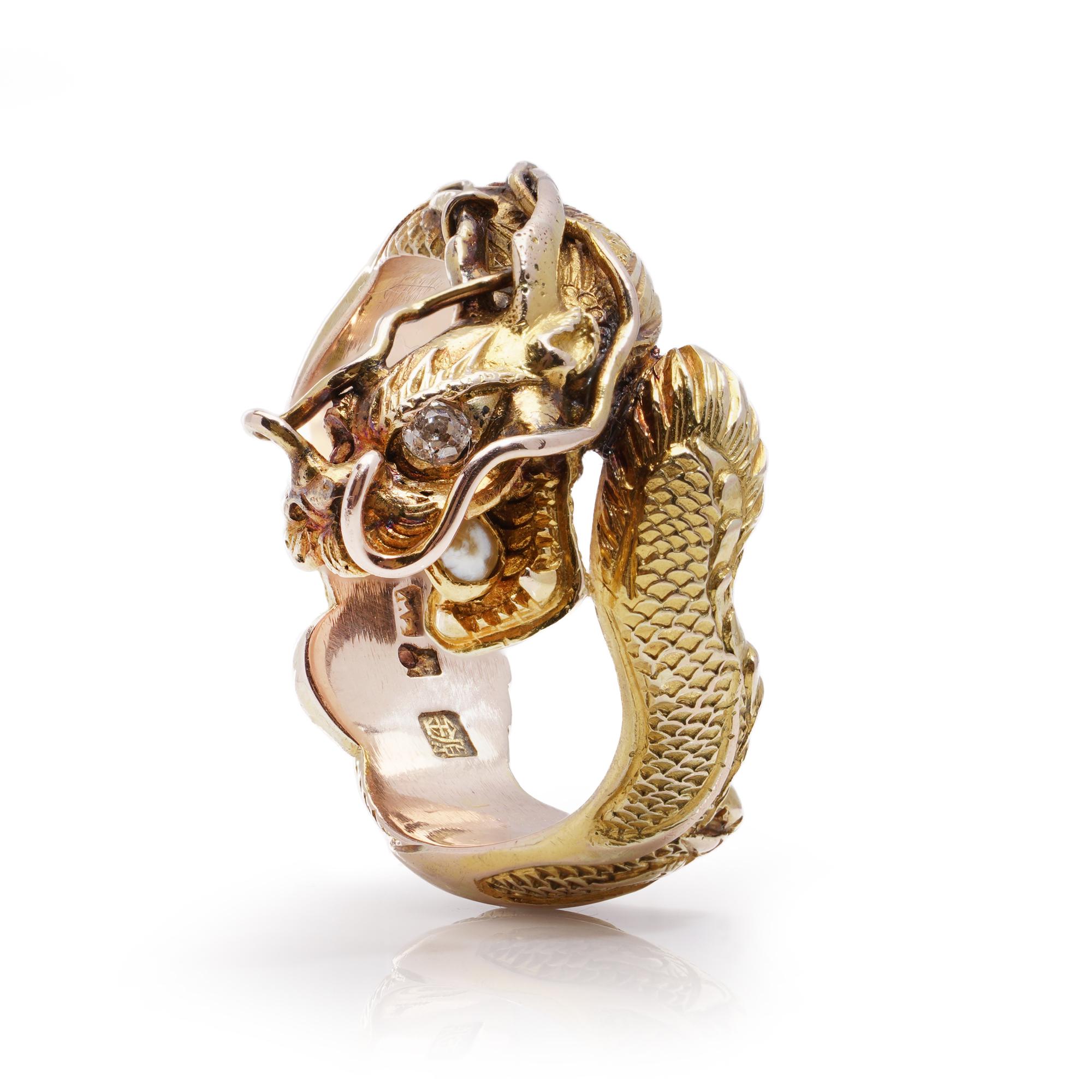 Großer chinesischer Drachenring für Männer aus 14 Karat Gold mit Diamant und Perle  im Angebot 4
