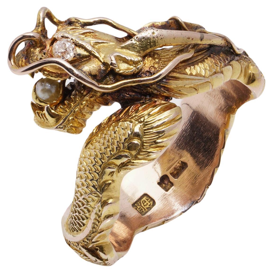 Chinese 14kt. gold large men's dragon ring set with diamond and pearl  For Sale