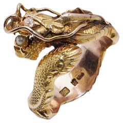 Retro Chinese 14kt. gold large men's dragon ring set with diamond and pearl 