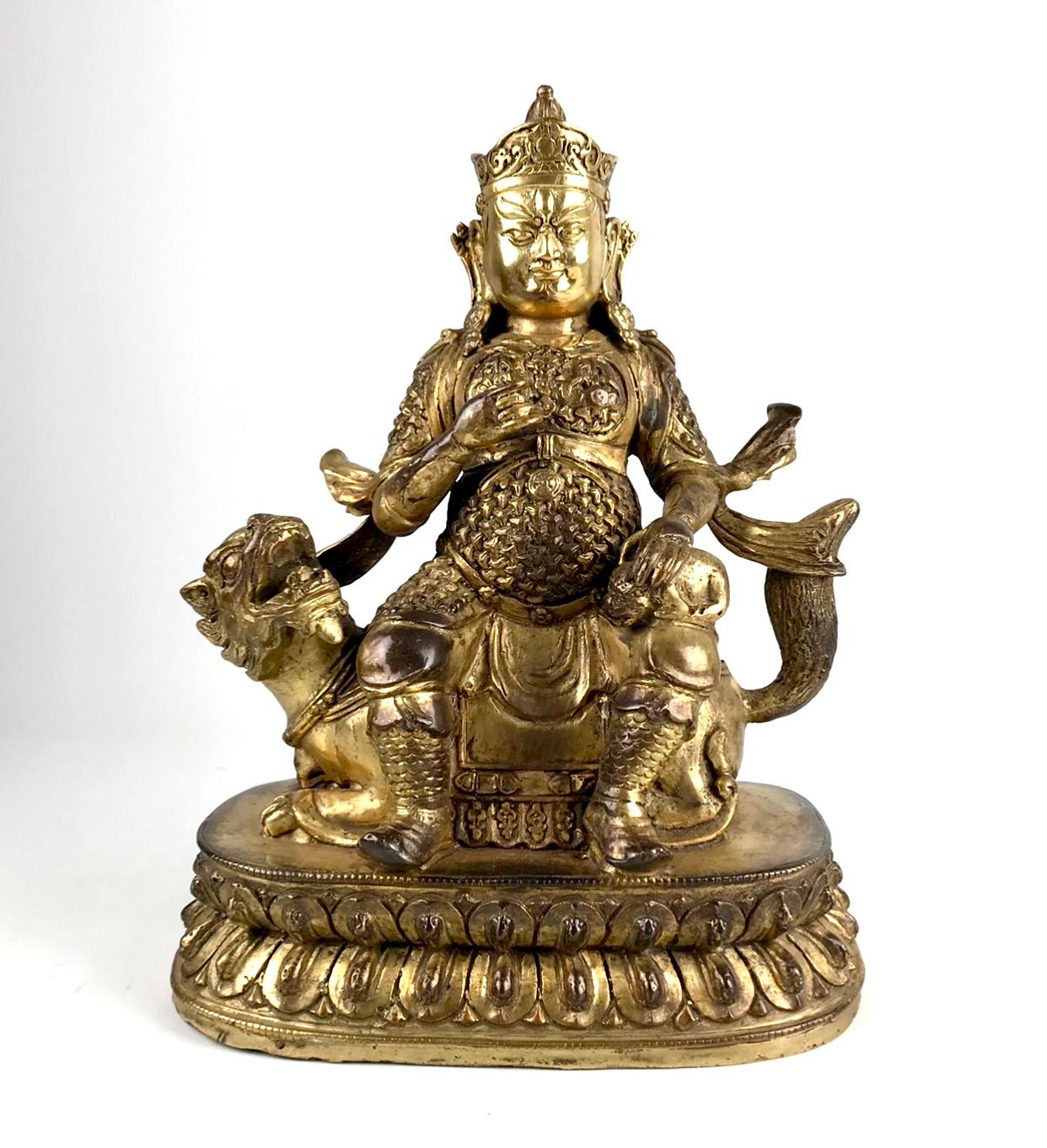 Chinese 18th/19th C Gilt Lacquer Bronze Figure of Vaisravana Deity 2