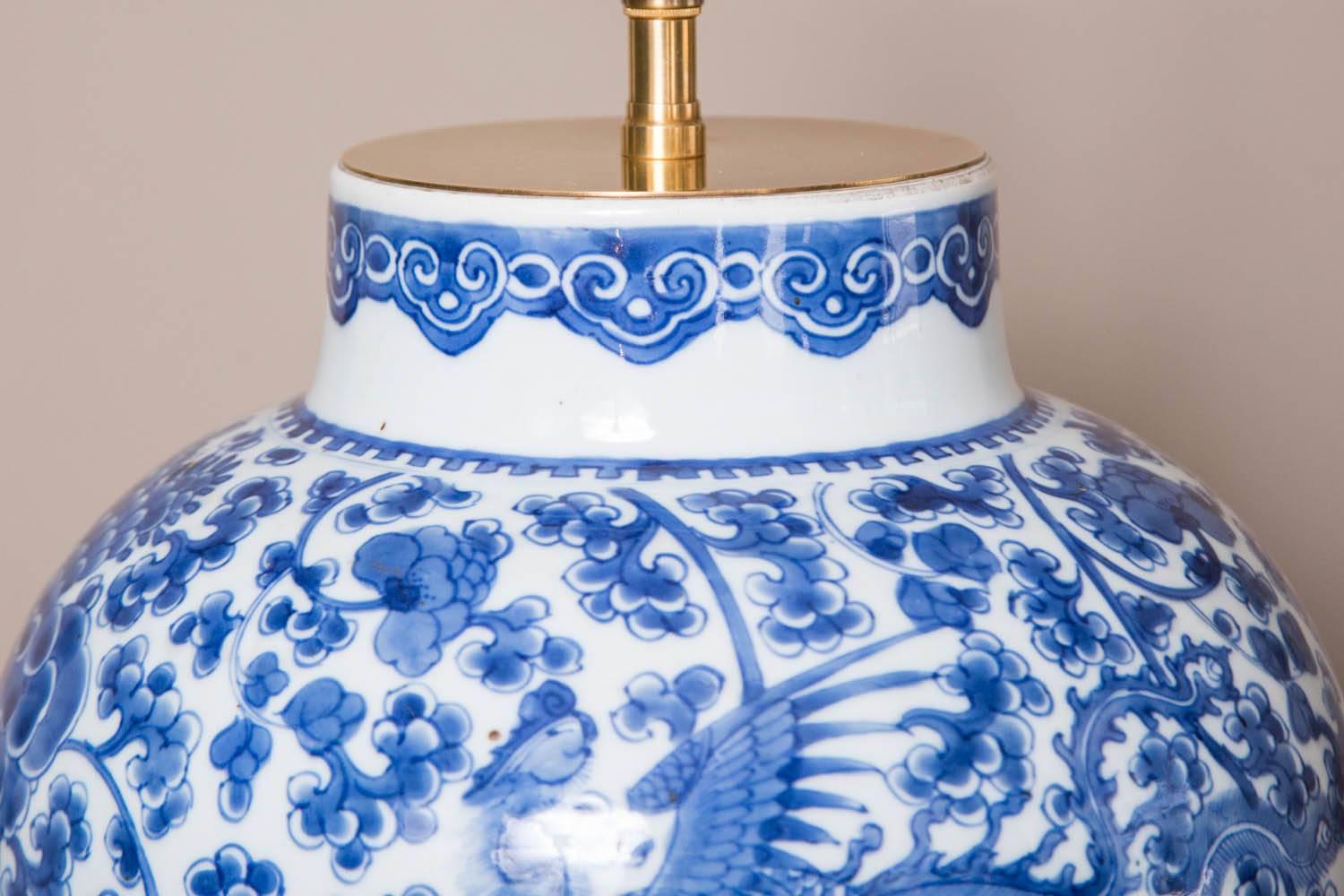 Porcelain Chinese 18th Century Blue and White Phoenix Vase as a Lamp For Sale