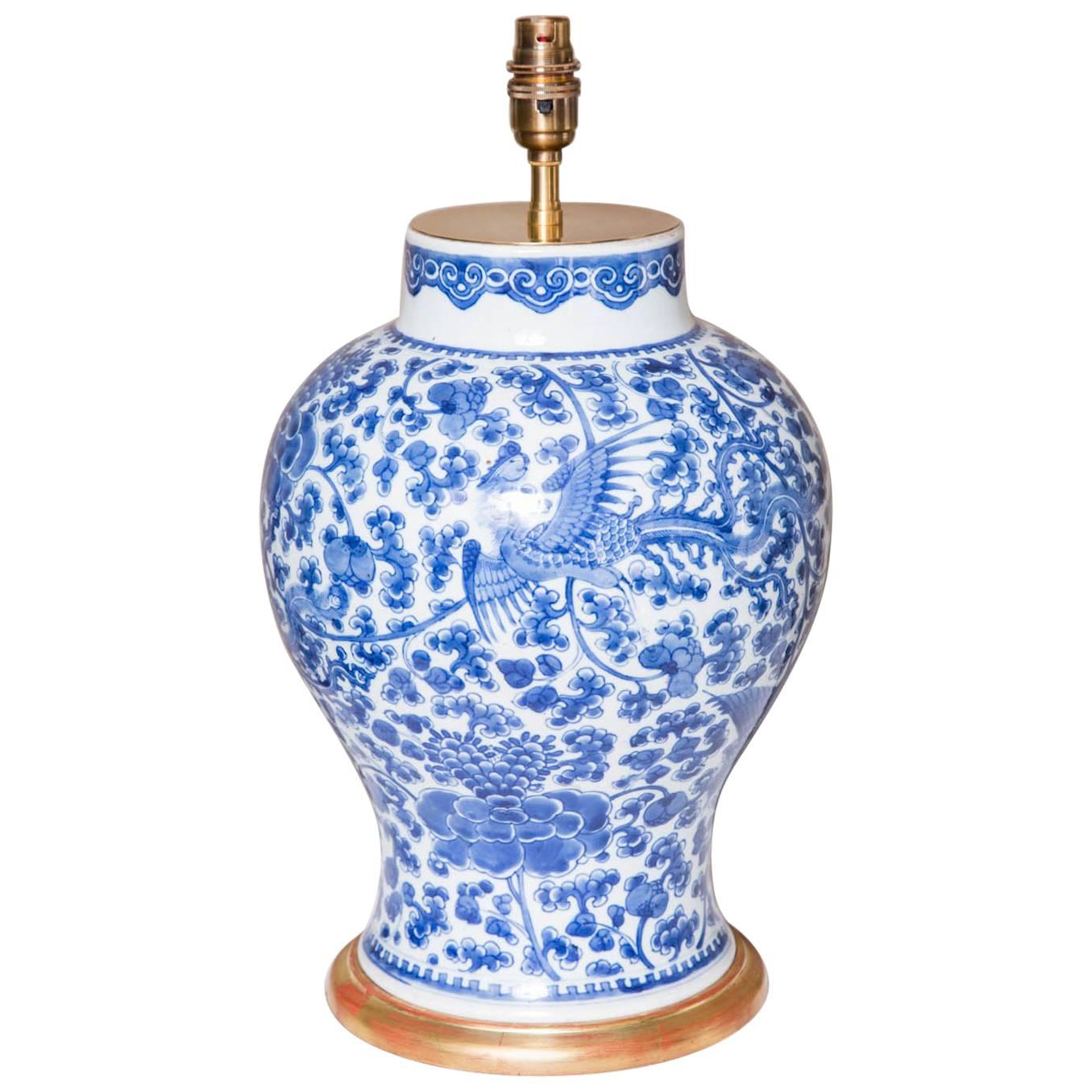 Chinese 18th Century Blue and White Phoenix Vase as a Lamp For Sale
