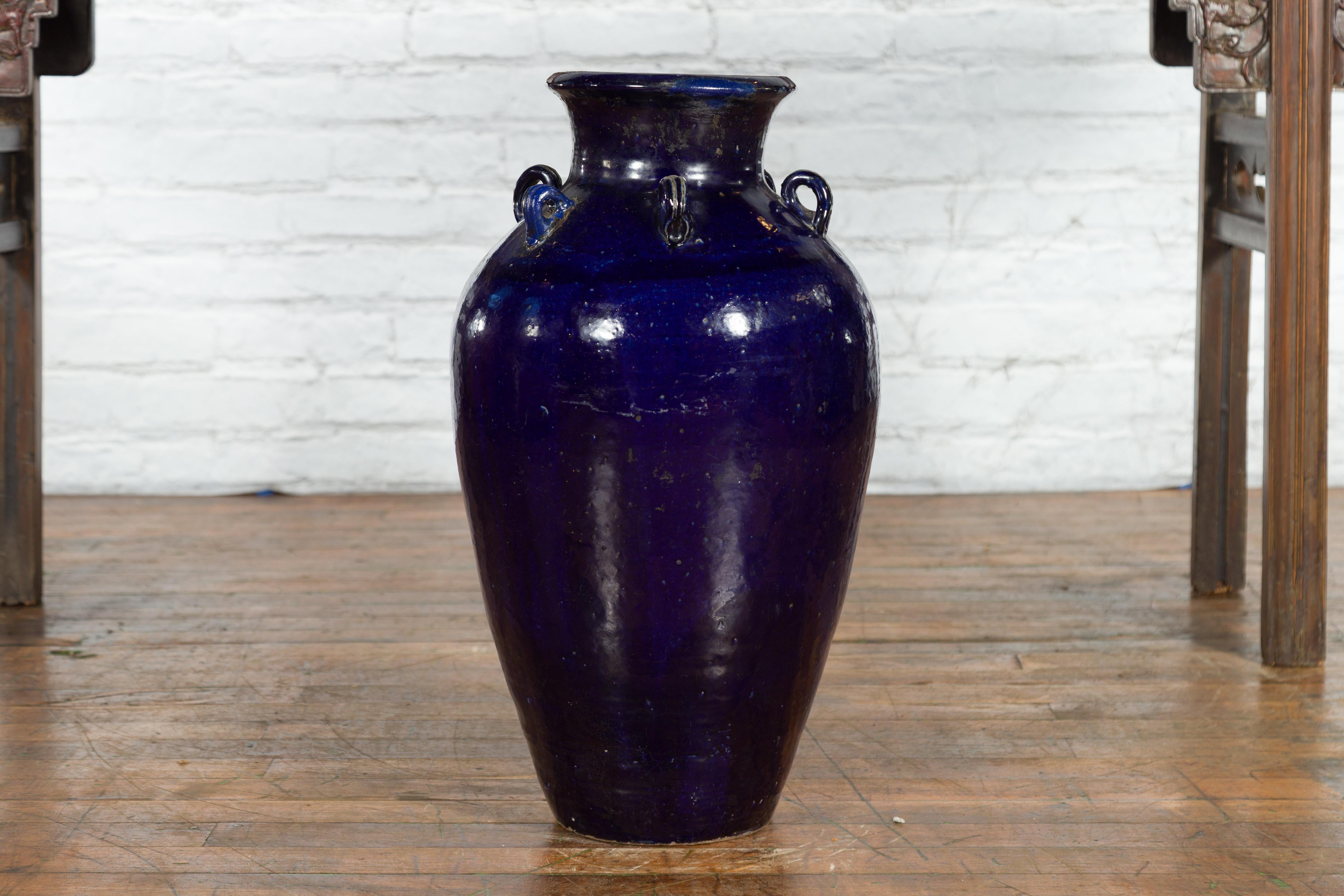 Antique Chinese Blue Cobalt Martaban Jar with Petite Loop Handles In Good Condition In Yonkers, NY